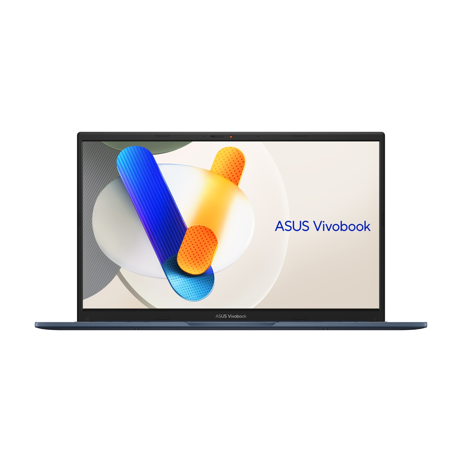 Un laptop ASUS Vivobook blu scuro con sfondo astratto sullo schermo.