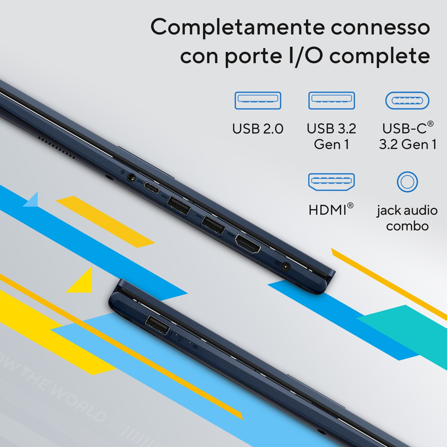 Un laptop scuro mostra porte USB, HDMI e audio.