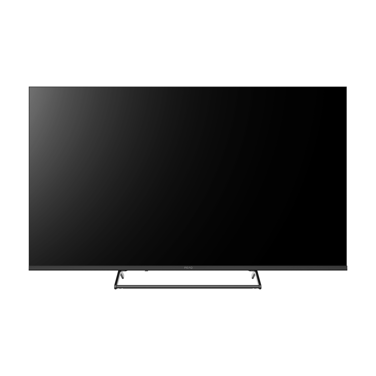 Un televisore nero con supporto sottile su sfondo bianco.