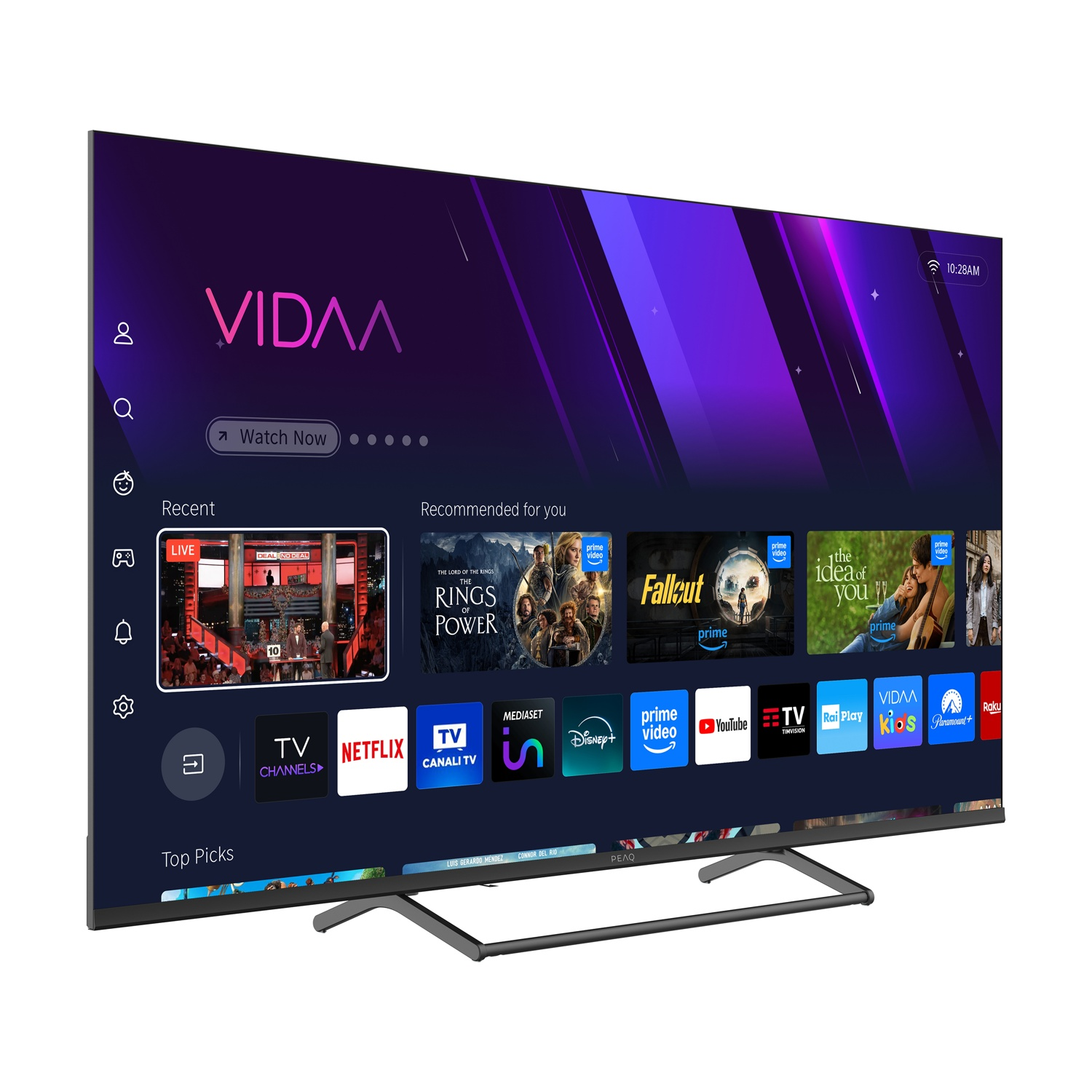 Una TV moderna con interfaccia VIDAA, che consiglia programmi e app.