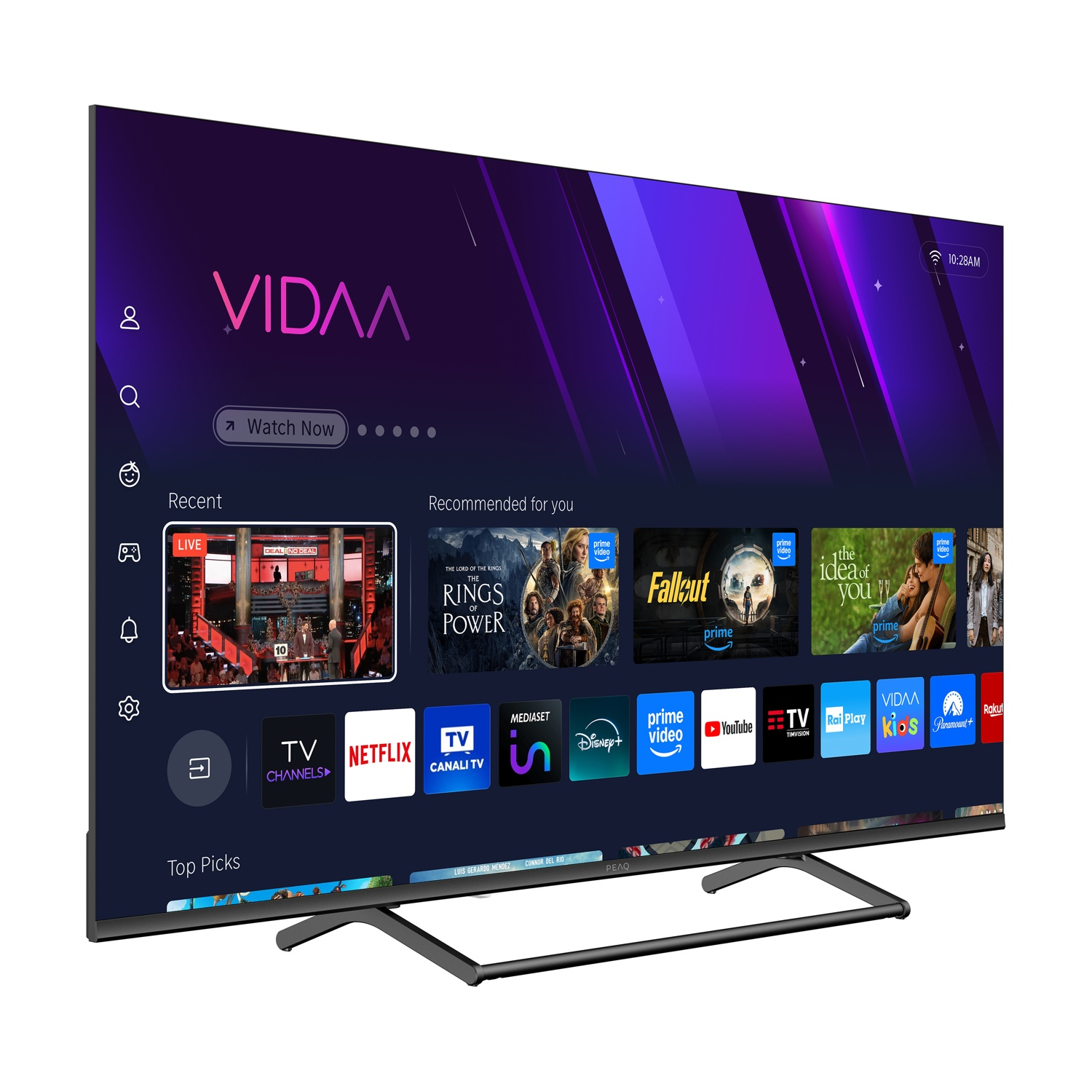 Una Smart TV moderna mostra uno sfondo blu-viola con icone di app.
