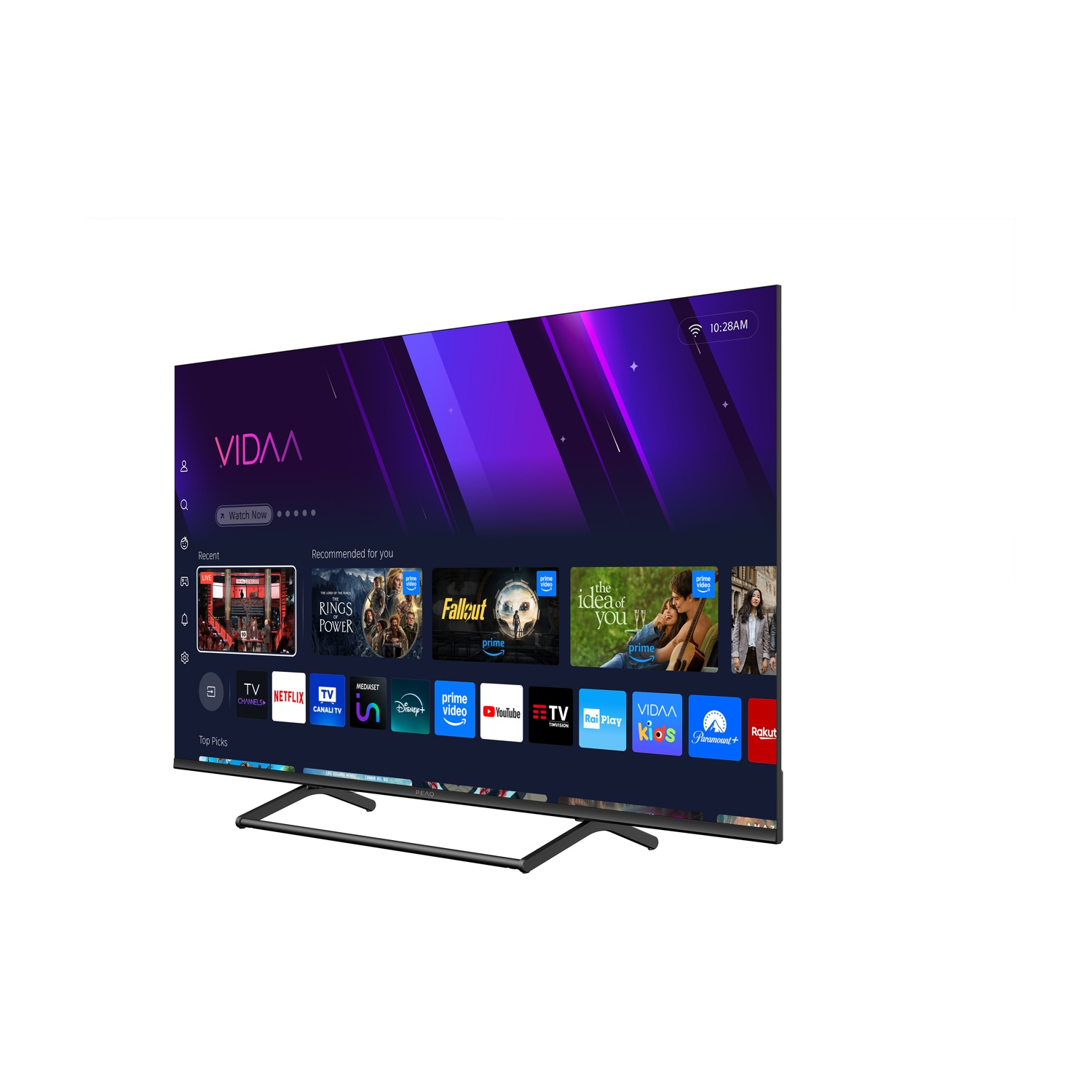 Una TV moderna che mostra la schermata principale di VIDAA con app come Netflix e Prime Video.
