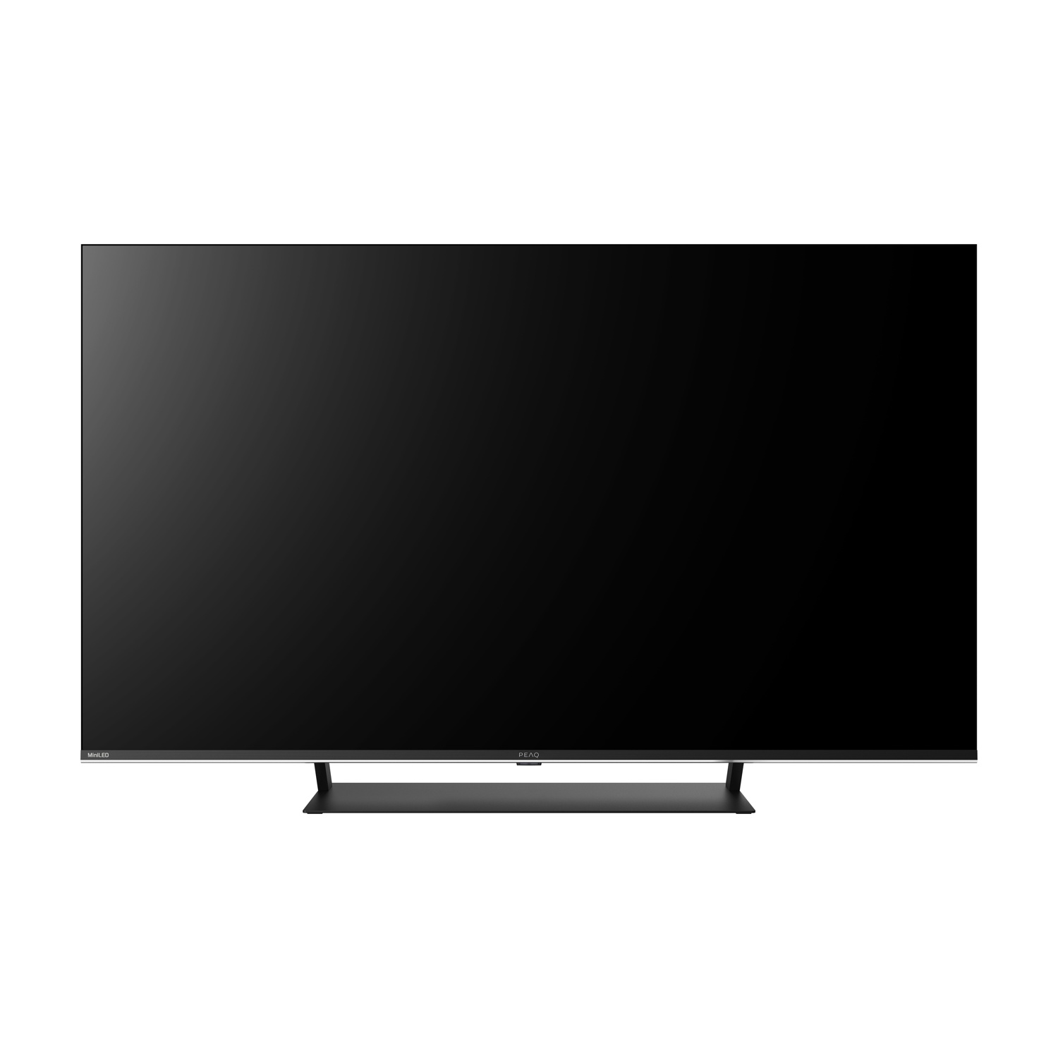 Una TV a schermo piatto nera con supporto minimalista è esposta su sfondo bianco.