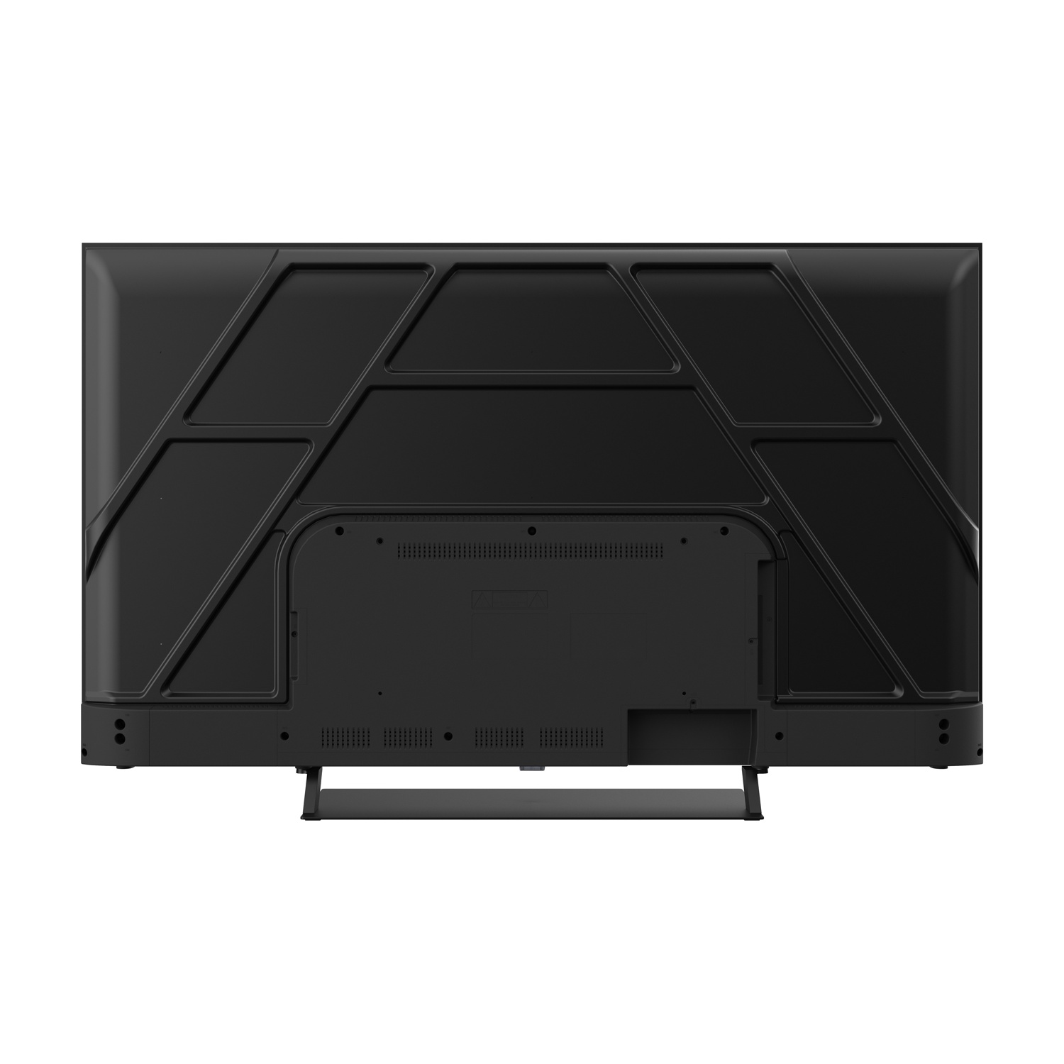 Retro di una TV nera con motivo geometrico e supporto.