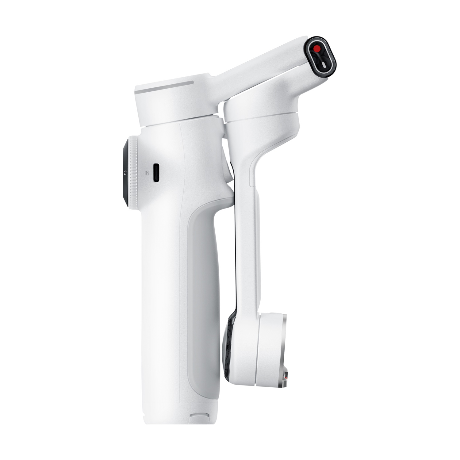 Un gimbal bianco con un pulsante rosso, girato su sfondo bianco.
