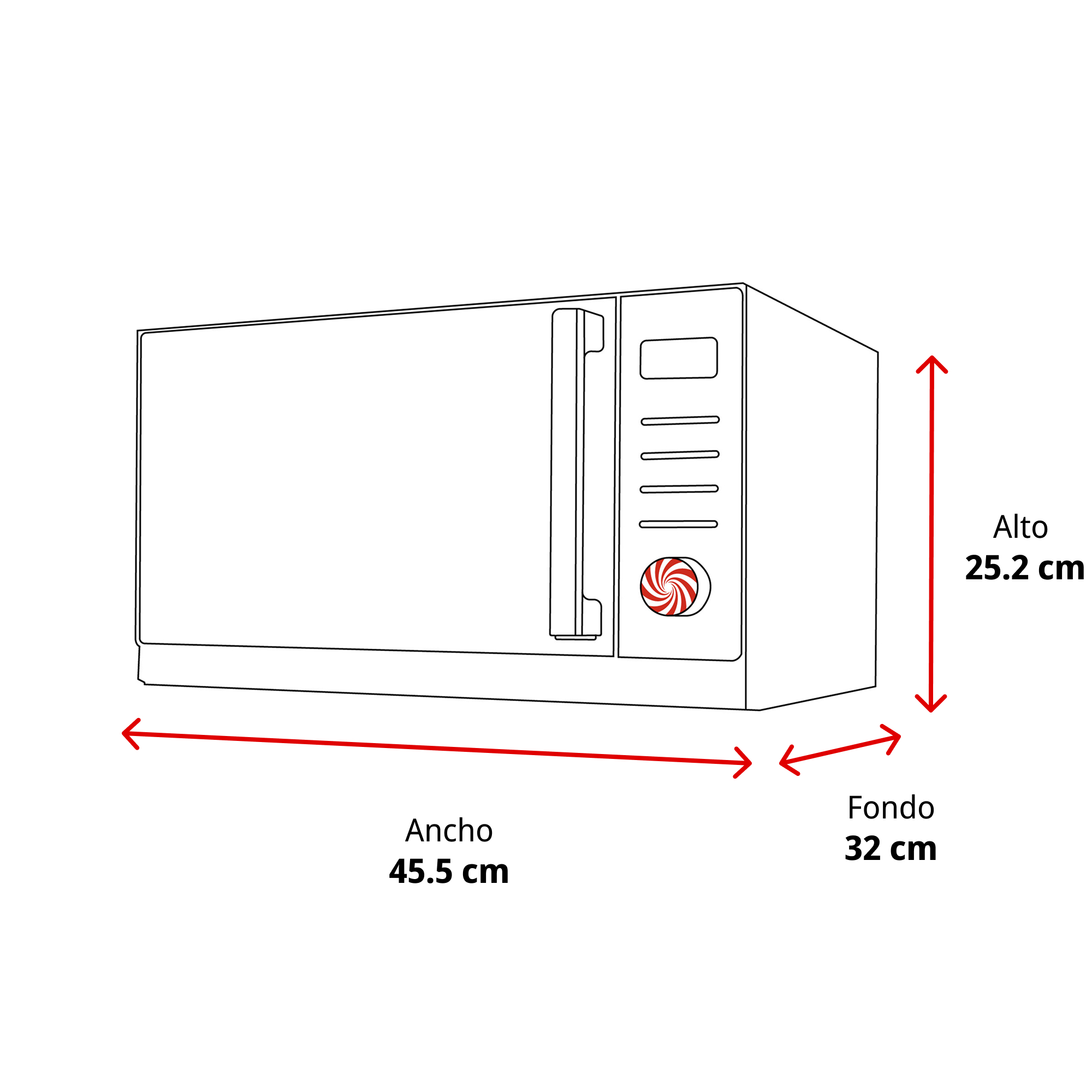 Ilustración de un microondas con dimensiones: ancho 45,5 cm, alto 25,2 cm, fondo 32 cm.