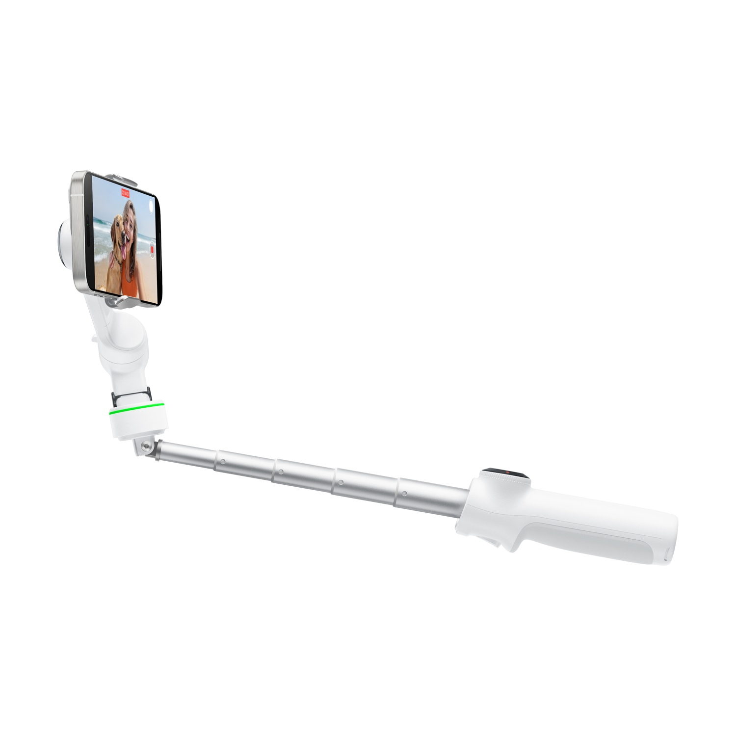 Un selfie stick bianco con un telefono che mostra una donna e un cane.