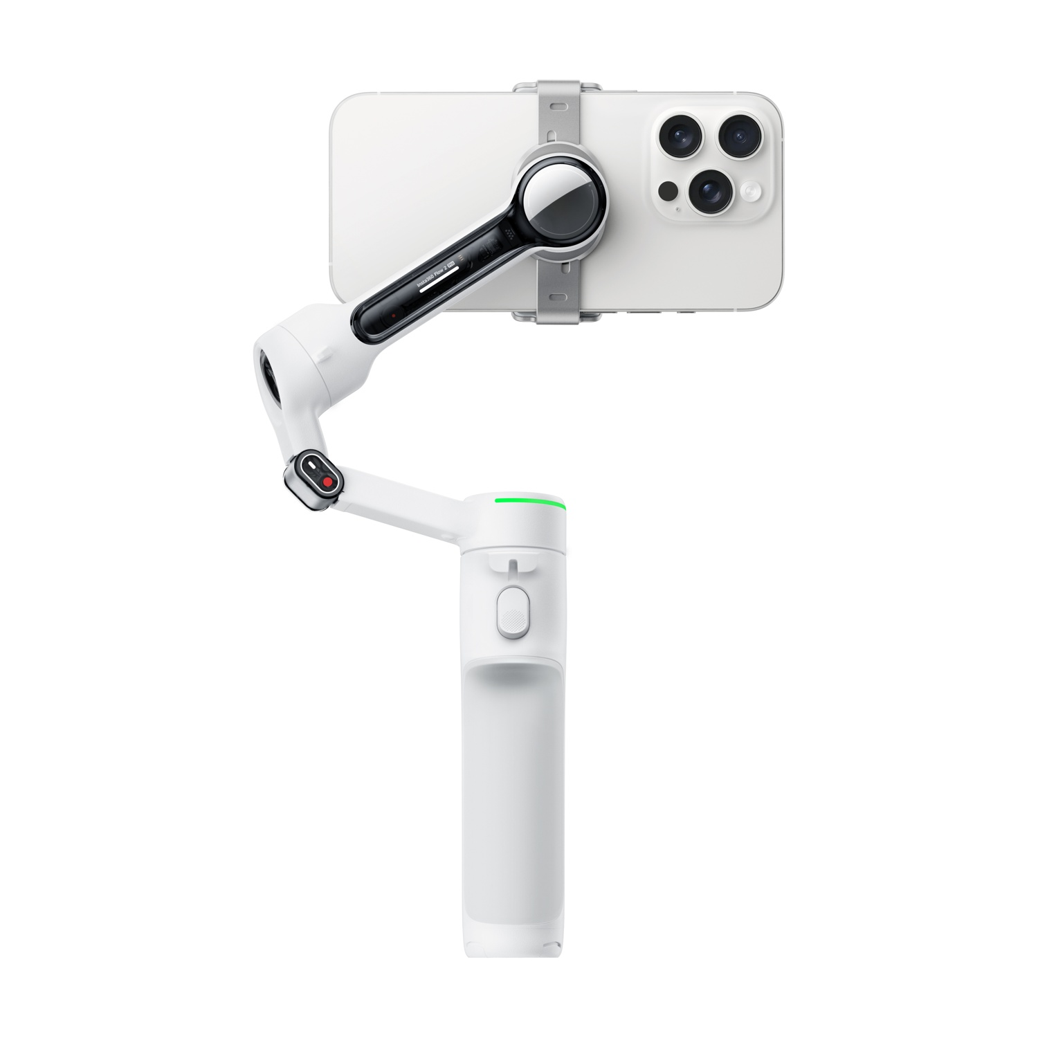 Un gimbal bianco per smartphone che tiene uno smartphone bianco, isolato su sfondo bianco.