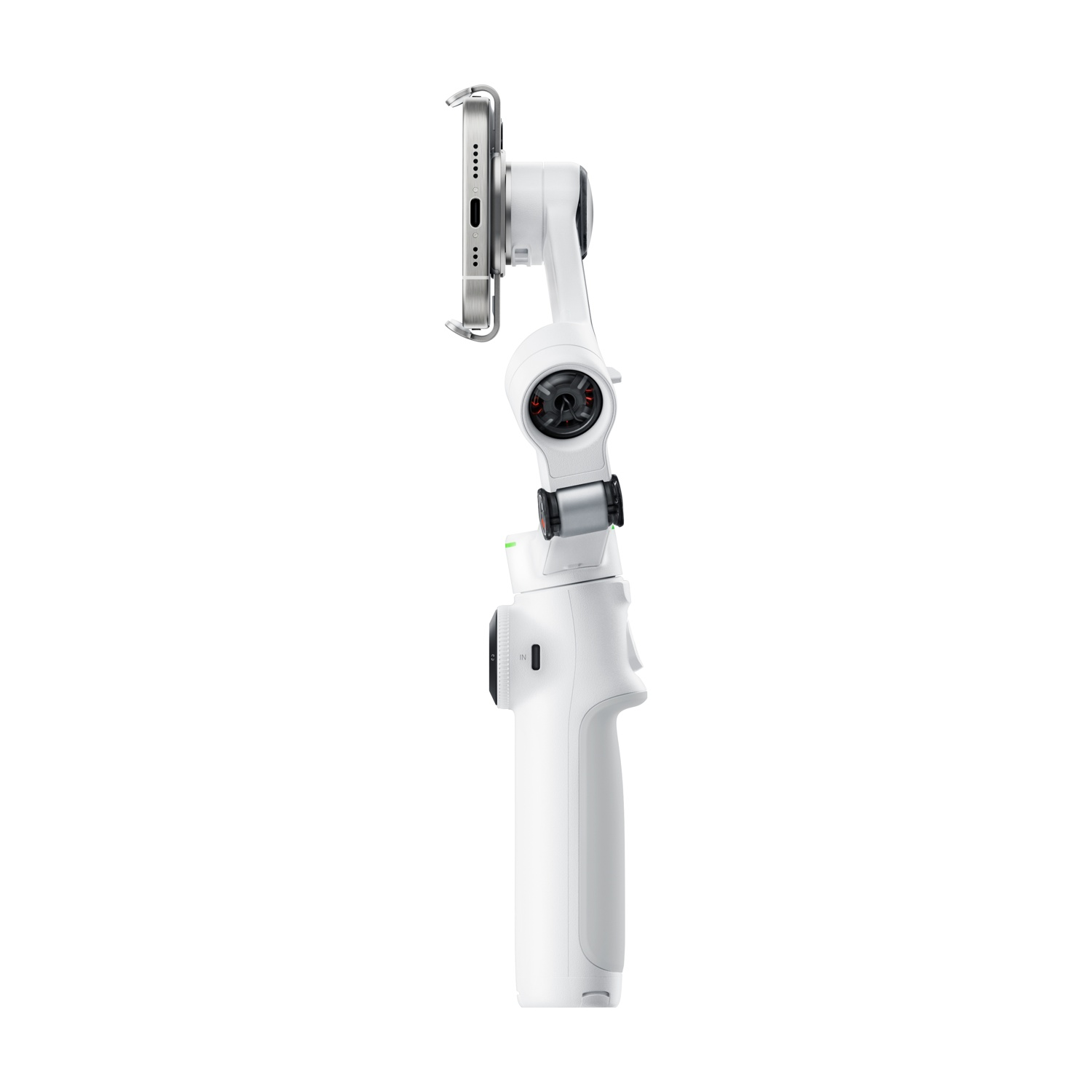Un gimbal bianco con uno smartphone attaccato a un supporto.
