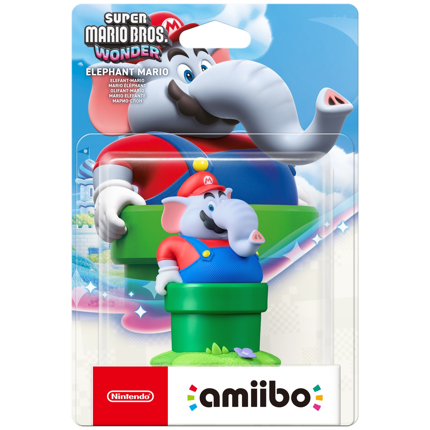 Super Mario Bros. Wonder Amiibo figure of Elephant Mario in packaging.