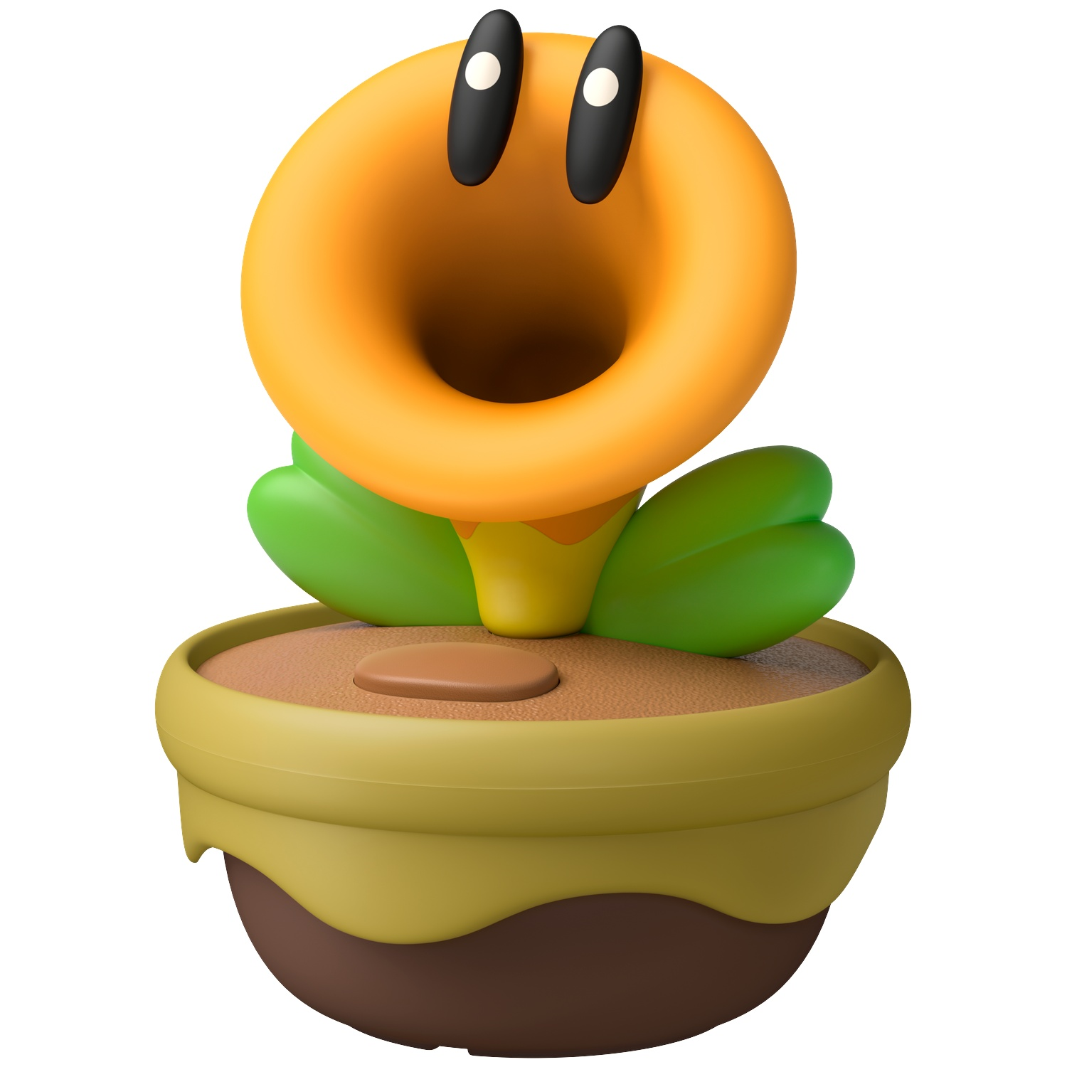 An orange plant with eyes sits in a pot of soil.