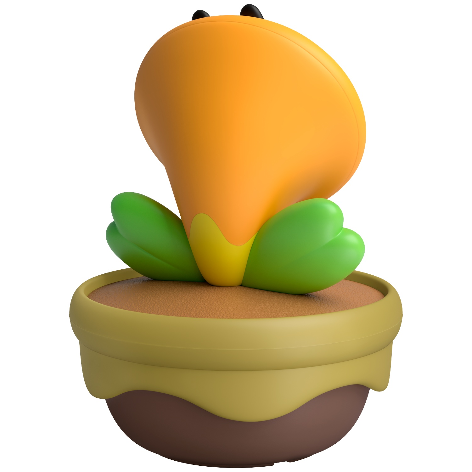 An orange cartoon plant with green leaves in a brown pot.