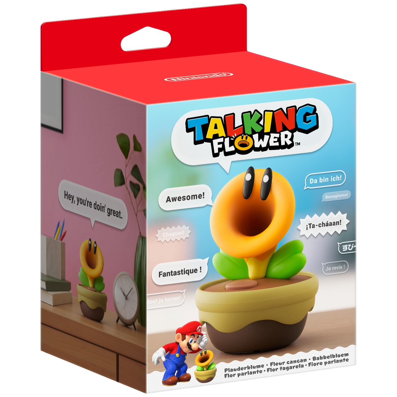 Box with Mario figure and talking flower in pot. Multiple languages shown.