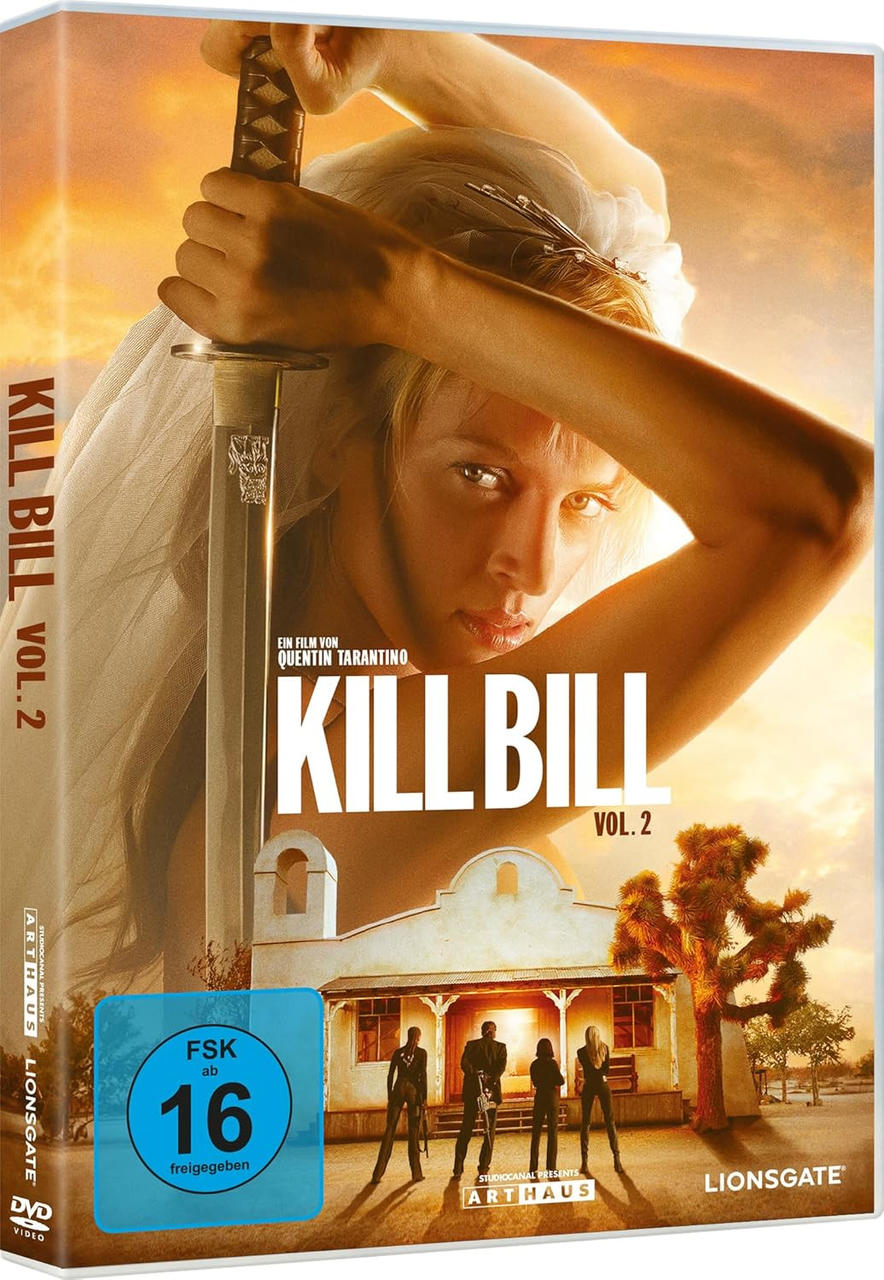 Kill Bill Vol. 2 DVD-Hülle: Frau mit Schwert, Haus, Wüste, FSK 16 Siegel.