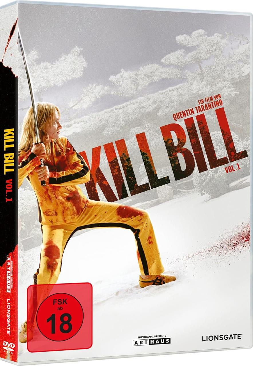 Eine Frau in gelbem Trainingsanzug mit Schwert steht im Schnee. Kill Bill Vol. 1.