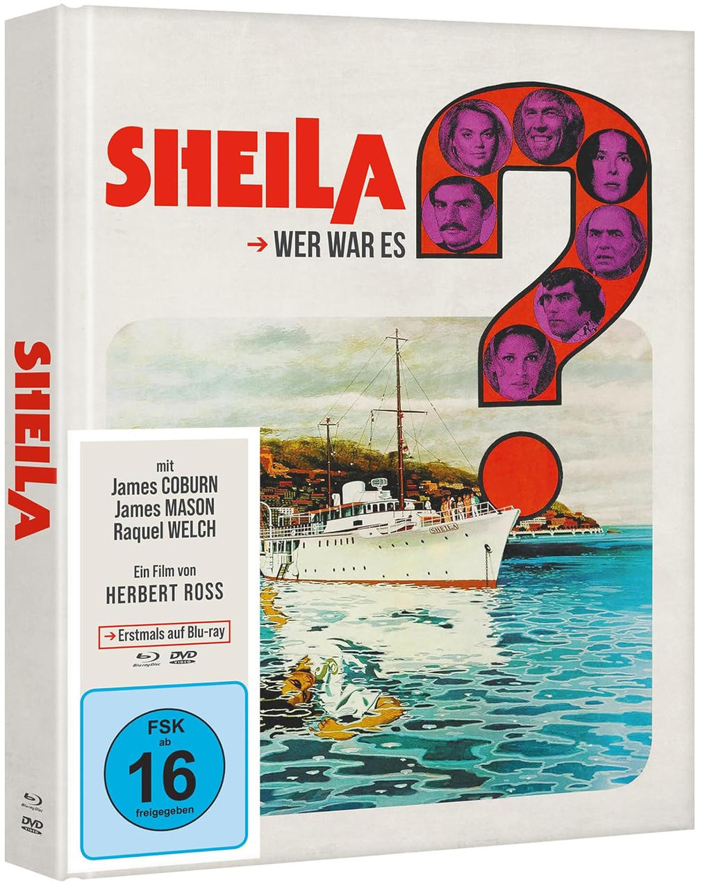 DVD-Hülle mit Filmtitel, Schauspielern, Fragezeichen-Collage und Yacht im Wasser.
