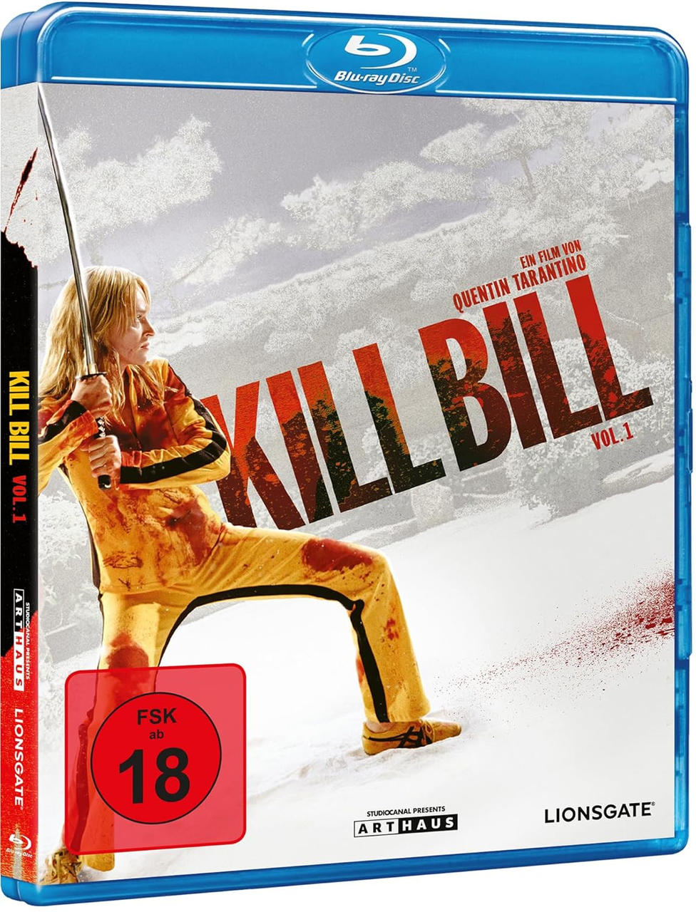 Eine Frau in gelber Kleidung mit Schwert, Kill Bill Vol. 1 Blu-ray Cover.