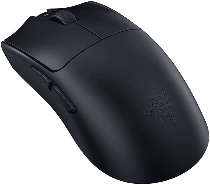Fekete gamer egér Razer logóval és görgetőkerékkel.