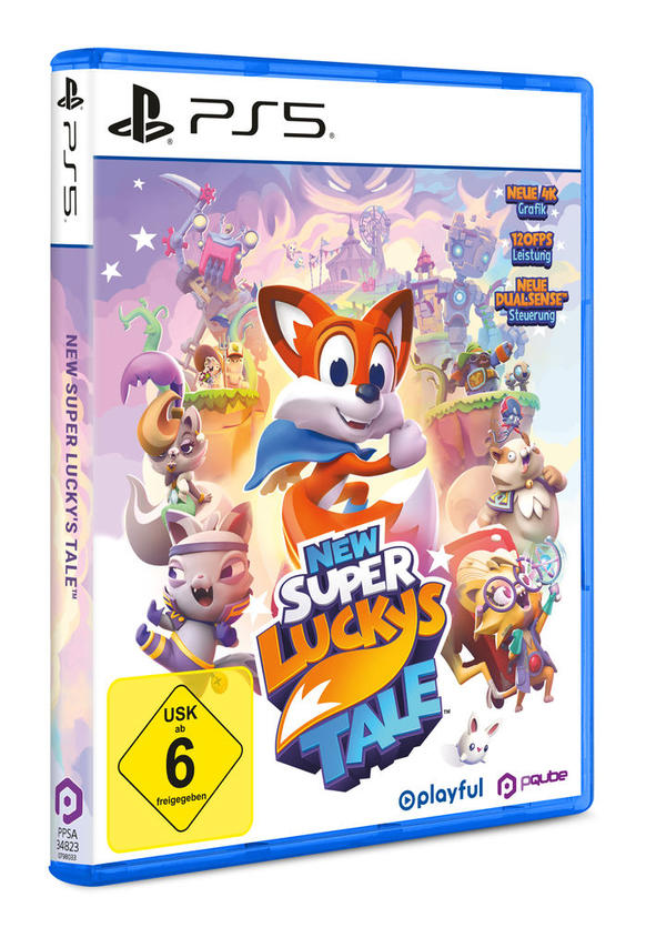 PS5 Spiel "New Super Lucky's Tale" Cover mit Fuchs-Charakter und vielen bunten Figuren.