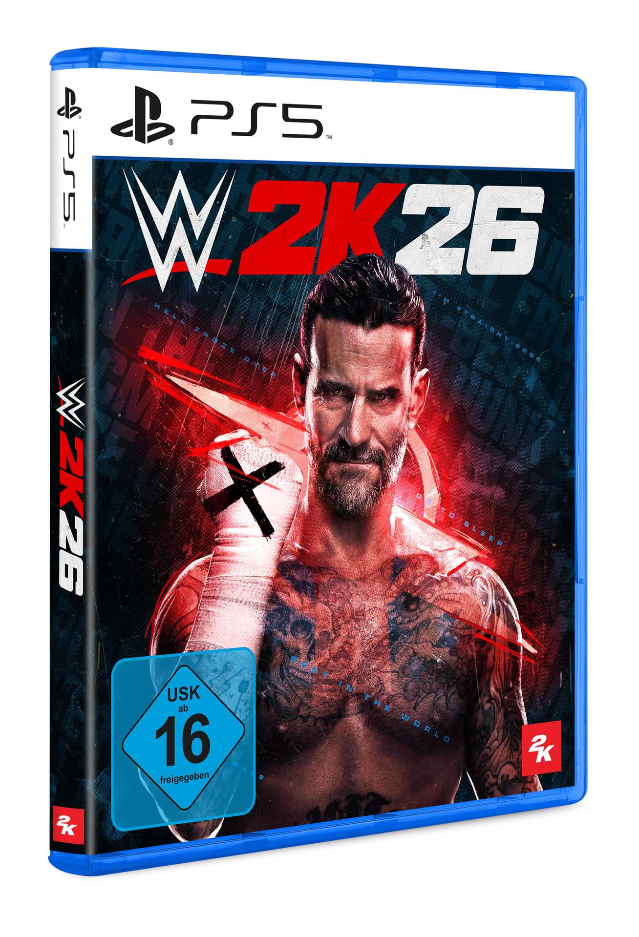 WWE 2K26 PS5 Hülle mit CM Punk, USK 16 Siegel.