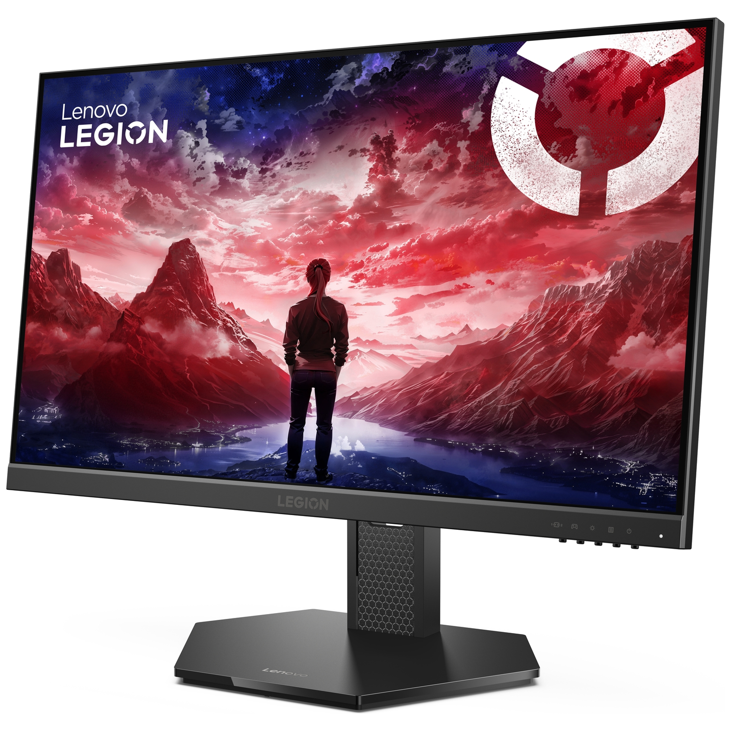 A Lenovo Legion monitor displaying a dramatic mountain and sky wallpaper.