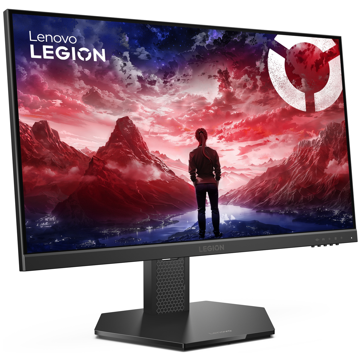A gamer stands before a dramatic gaming monitor with red sky and mountains.