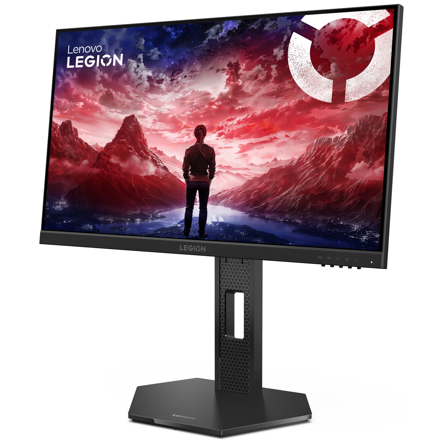 A gaming monitor displays a dramatic landscape with red mountains and a night sky.