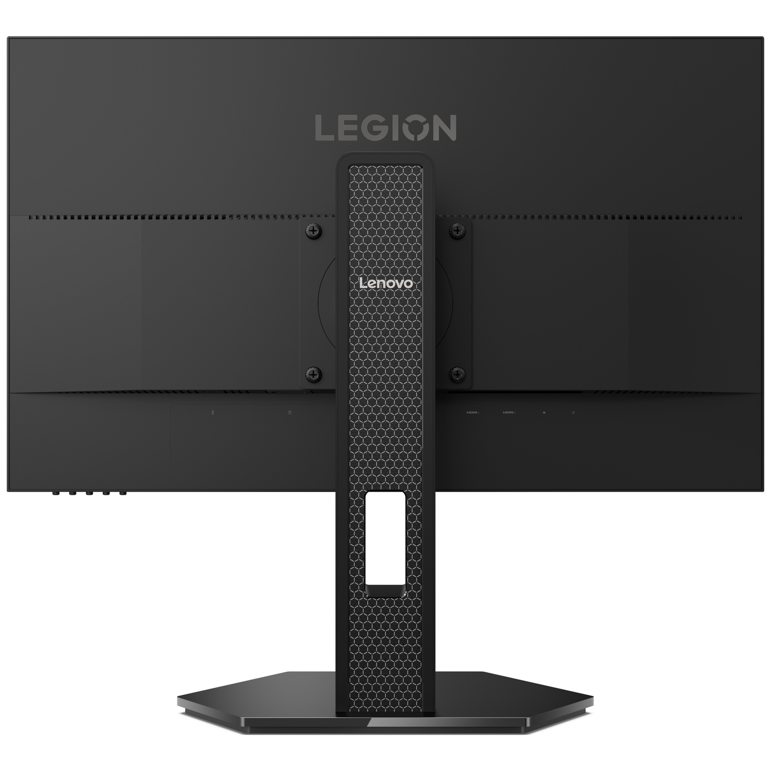 Back of a black monitor showing the Lenovo and Legion logos. Honeycomb pattern.