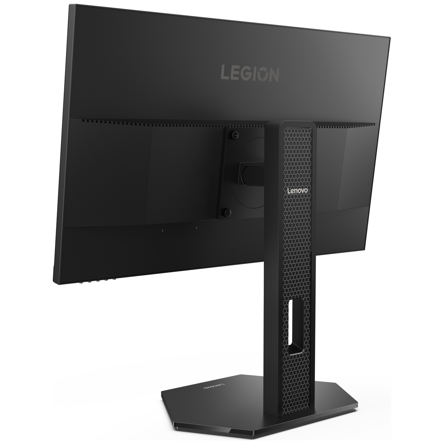 Rear view of a black Lenovo Legion monitor with a honeycomb pattern stand.