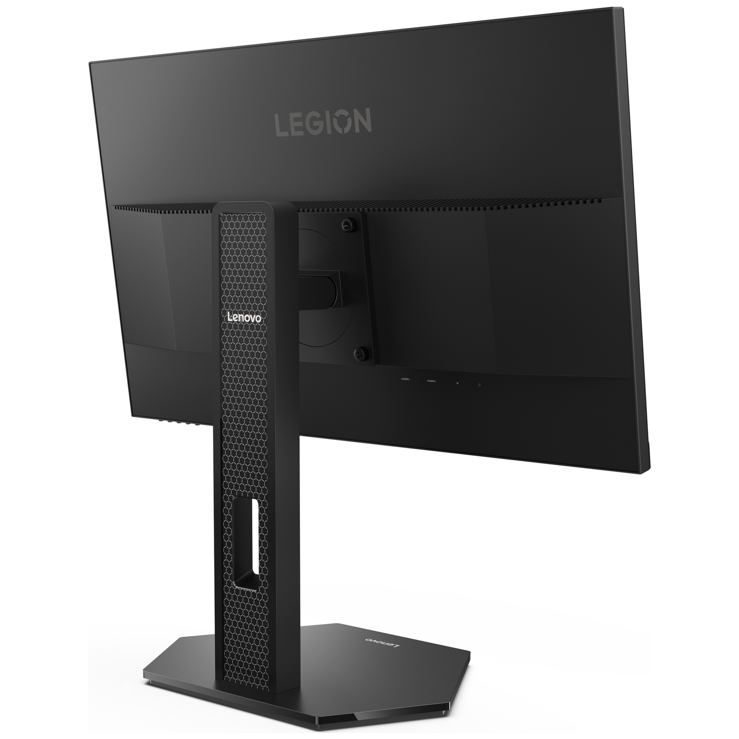 Back view of a black Lenovo Legion monitor with a silver logo.