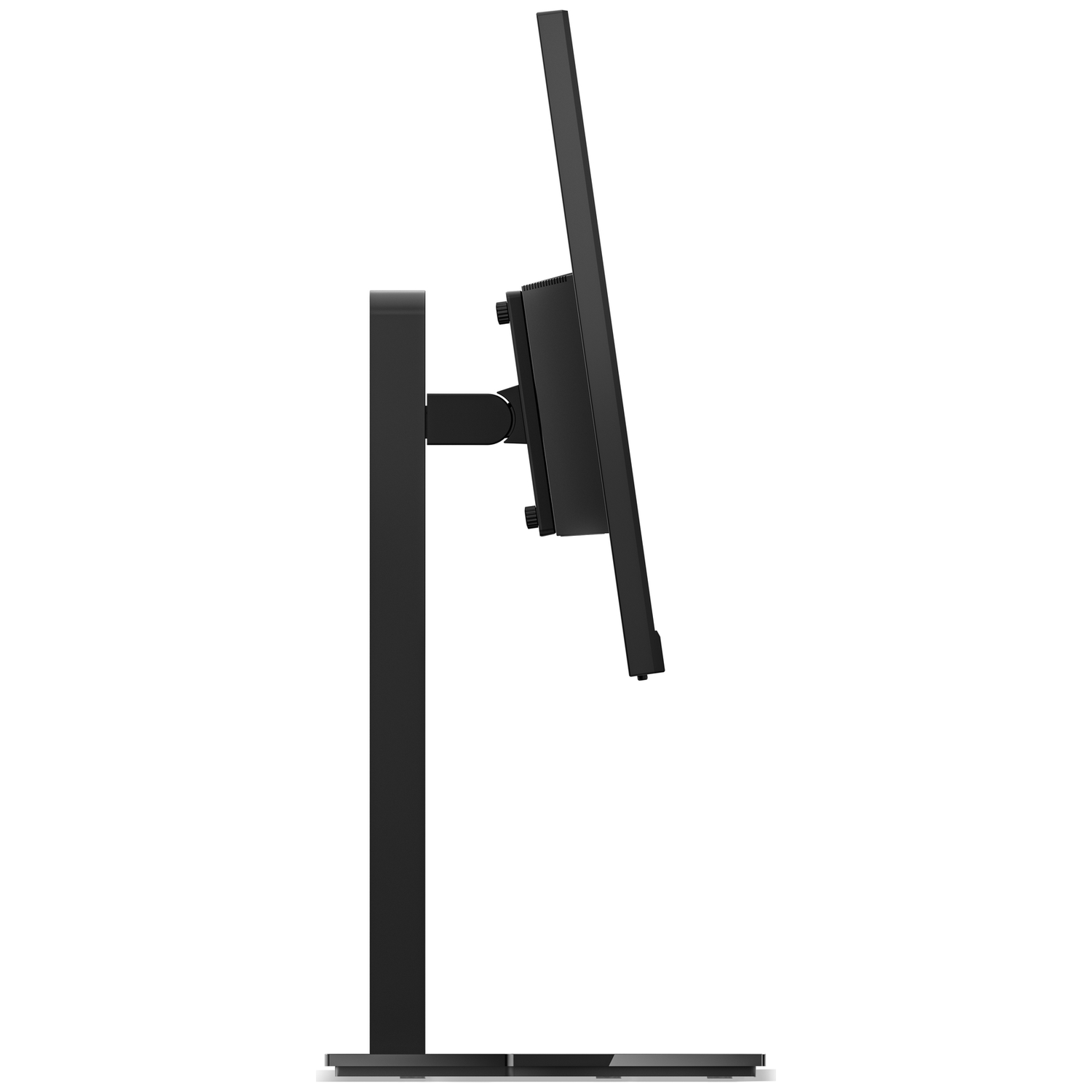 Black computer monitor with adjustable stand, viewed from the side.