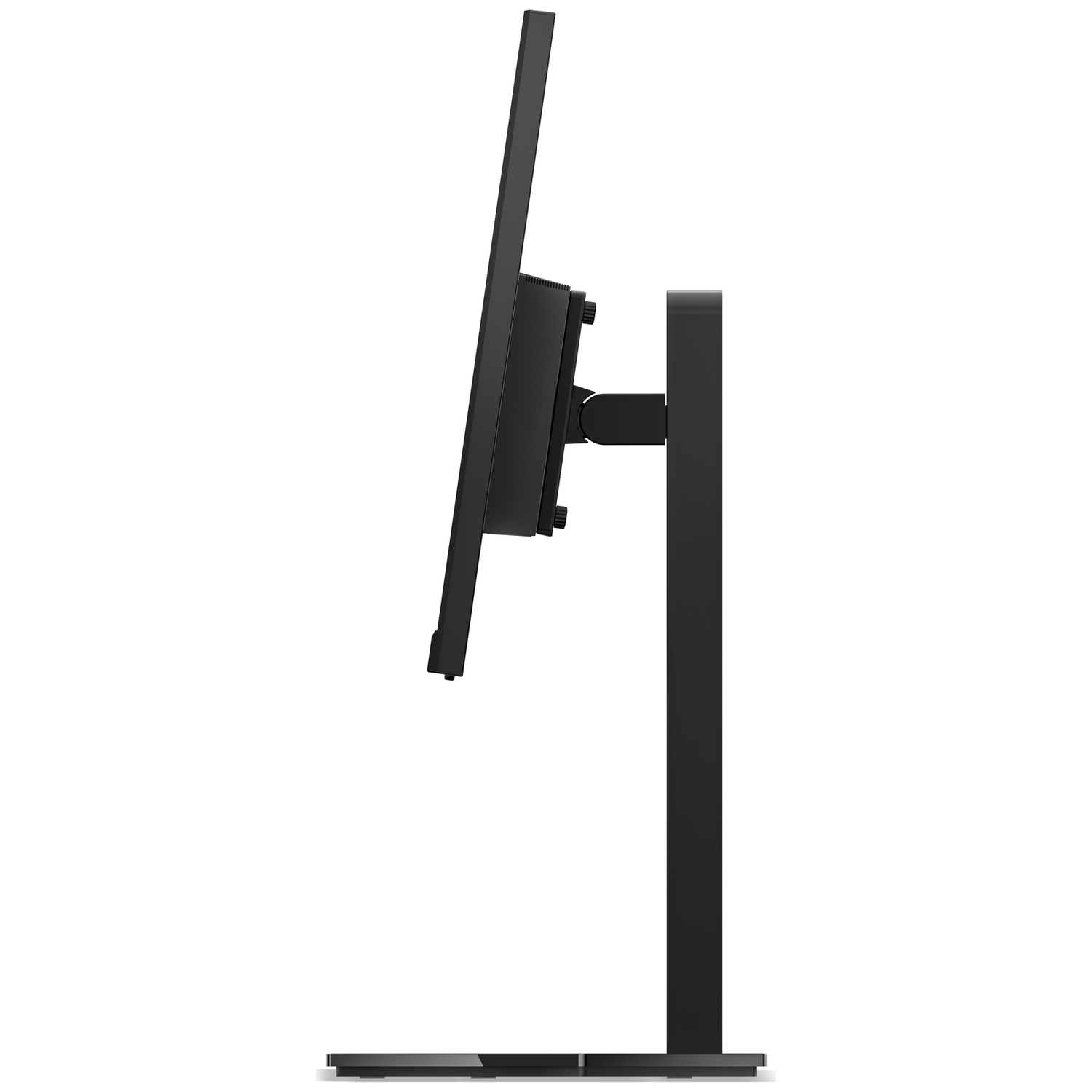 A black monitor stands on a stand against a white background.