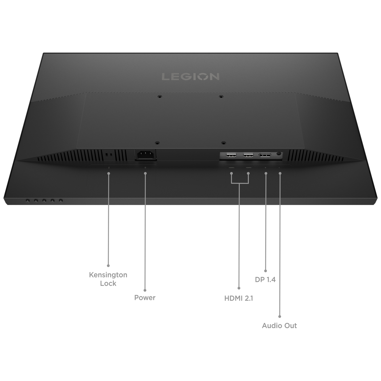 Back of a black monitor showing ports: Kensington Lock, Power, HDMI 2.1, DP 1.4, Audio Out.