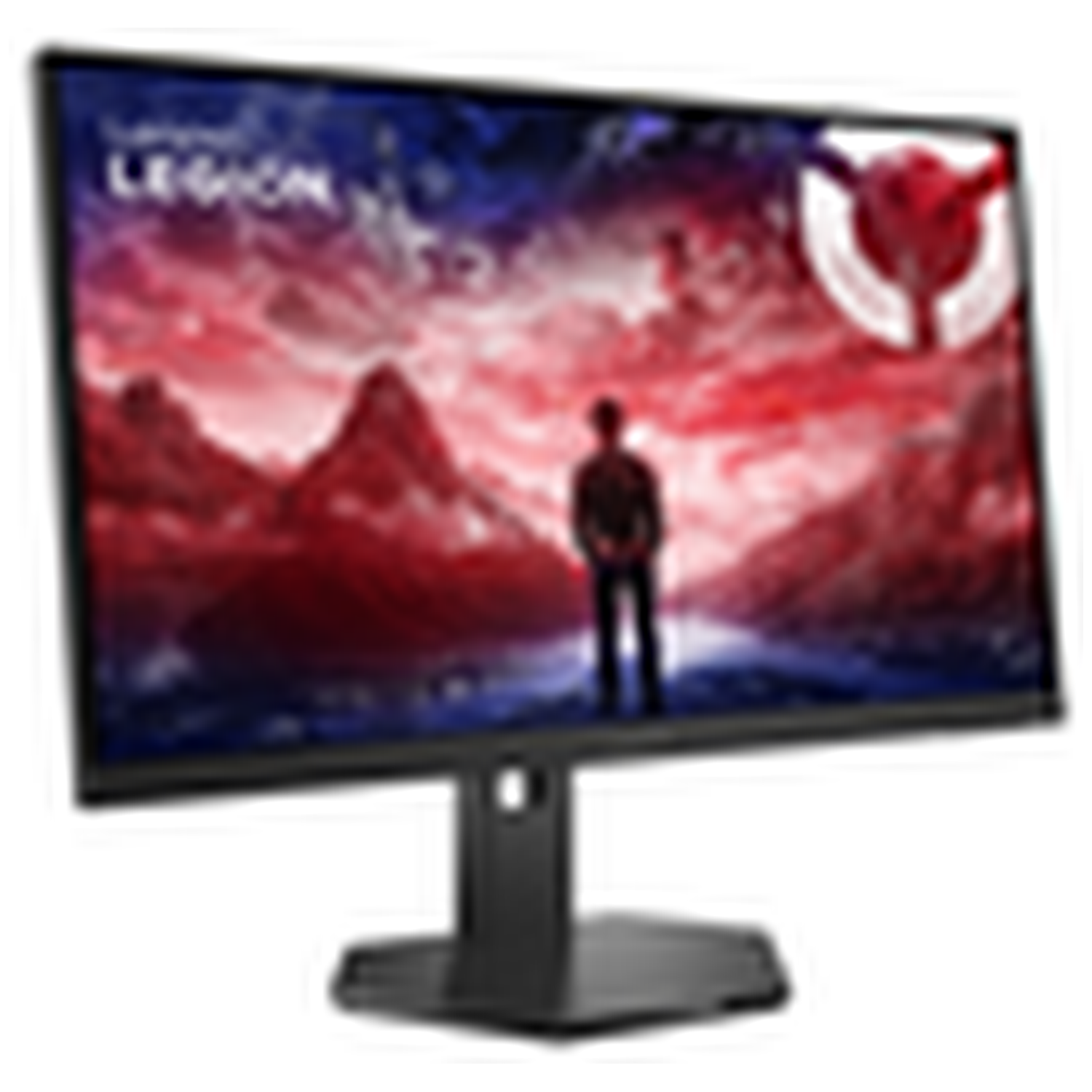 A gaming monitor displaying a man in front of a red and blue landscape.