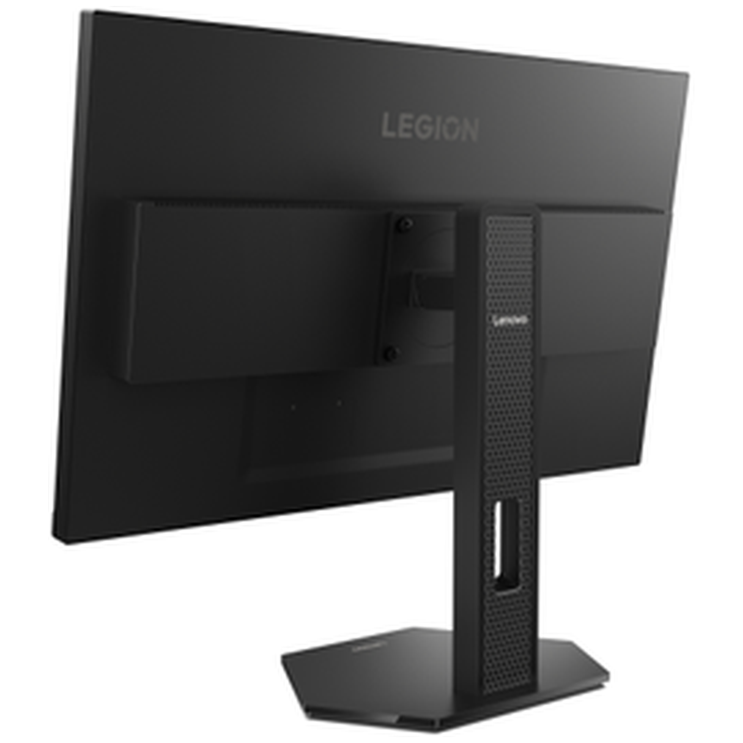 Rear view of a black Lenovo Legion monitor with a detailed stand.