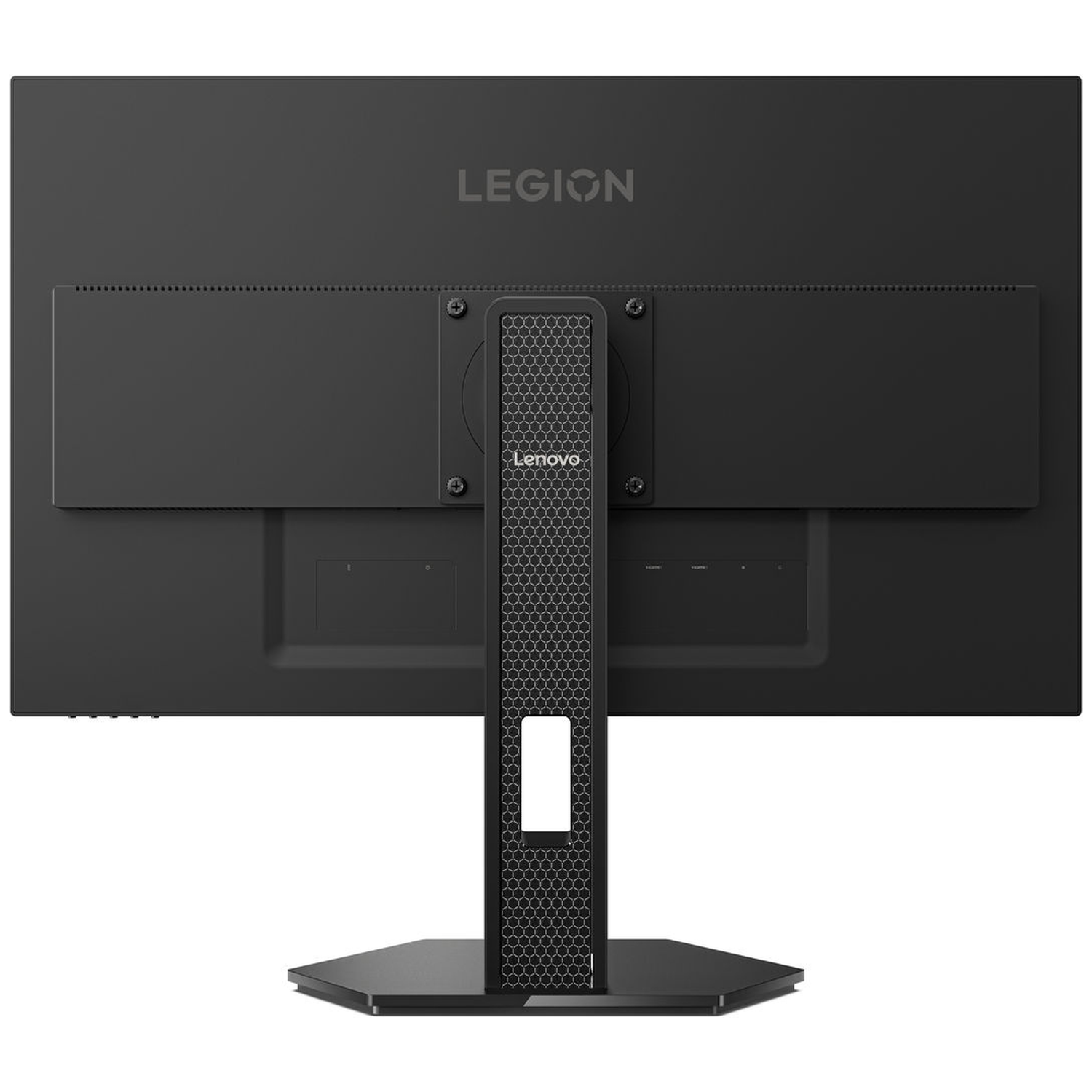 Back of a black Lenovo Legion monitor with a honeycomb pattern stand.