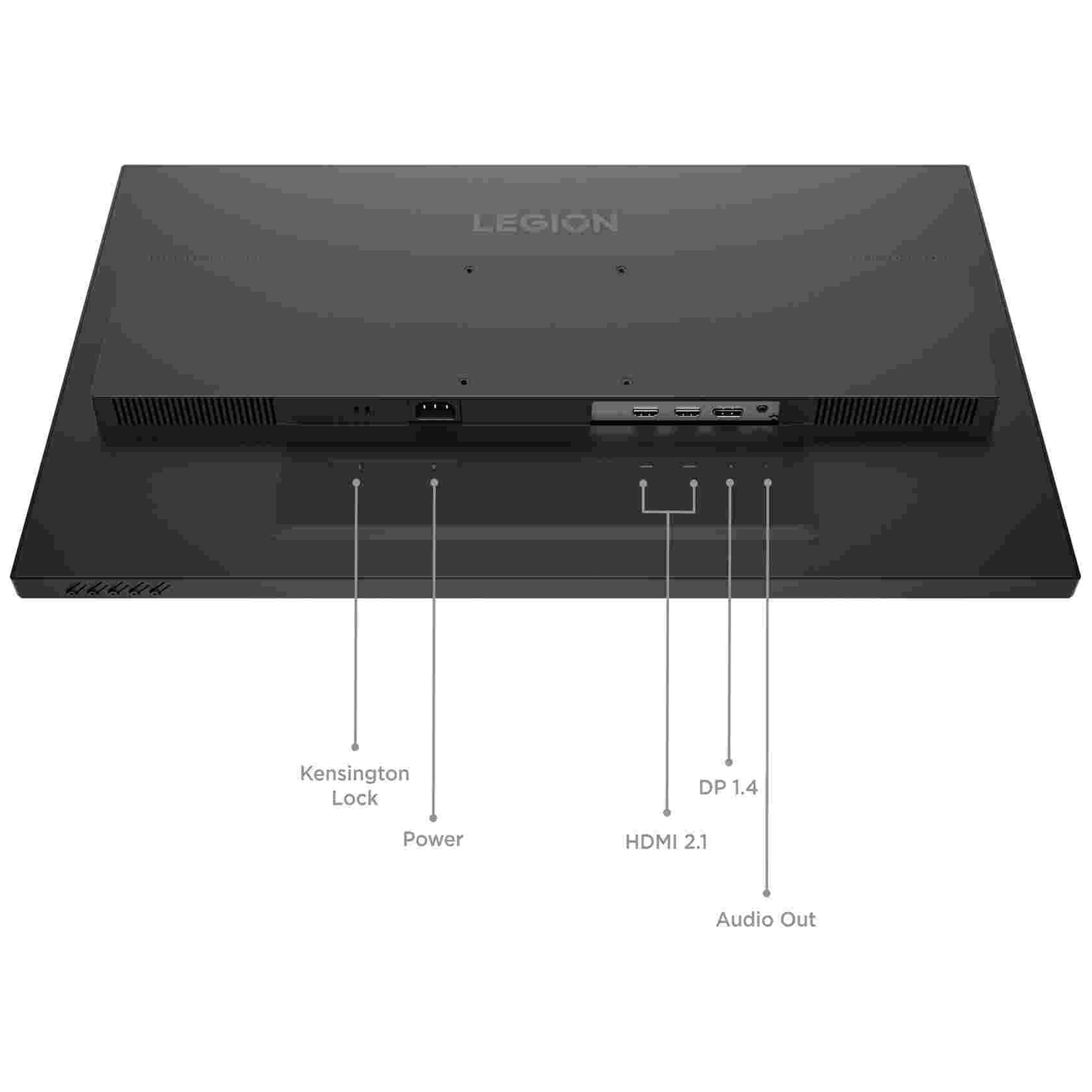 Back of a black monitor showing ports: Kensington lock, power, HDMI 2.1, DP 1.4, audio out.