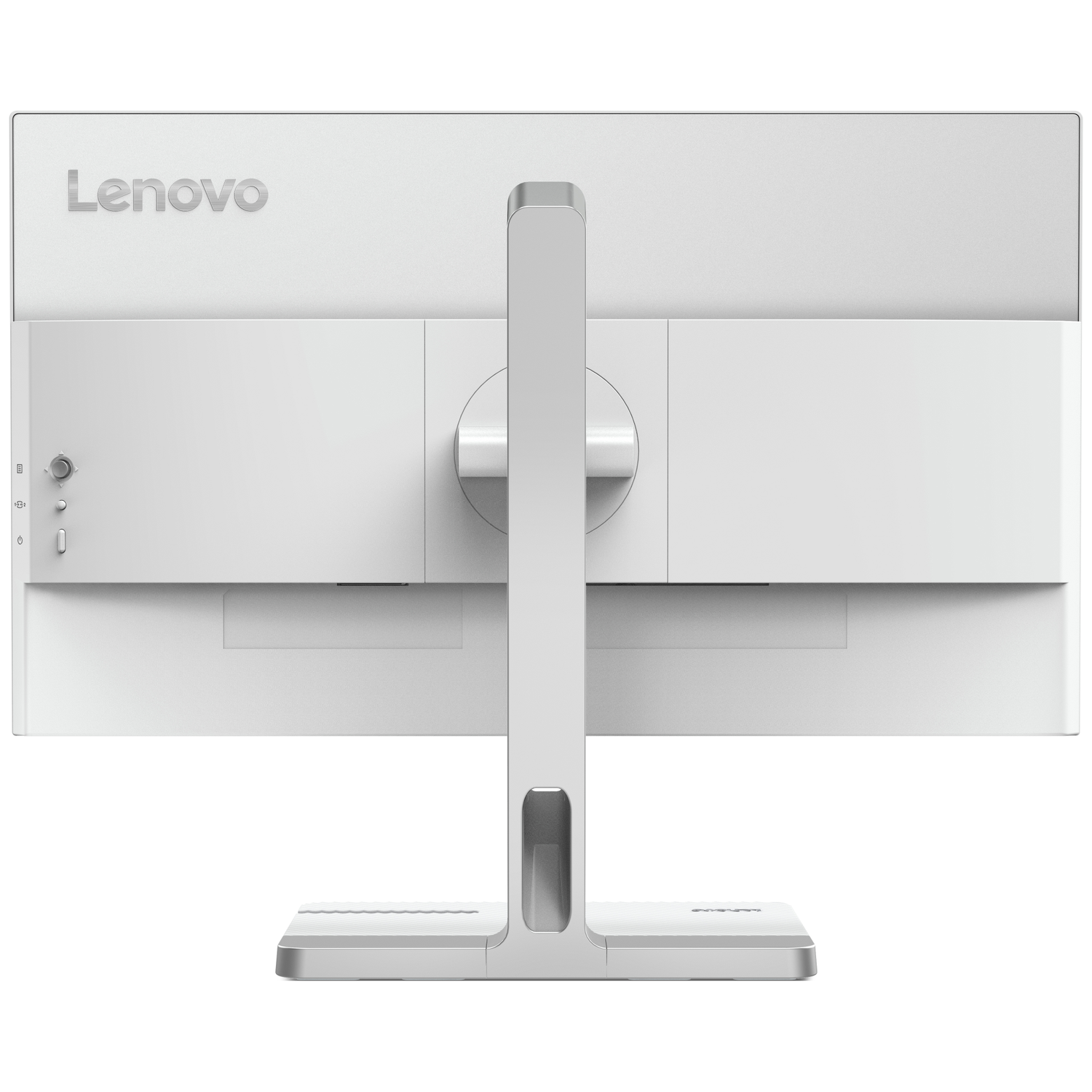 Achterkant van een witte Lenovo monitor met zilveren standaard en knoppen.