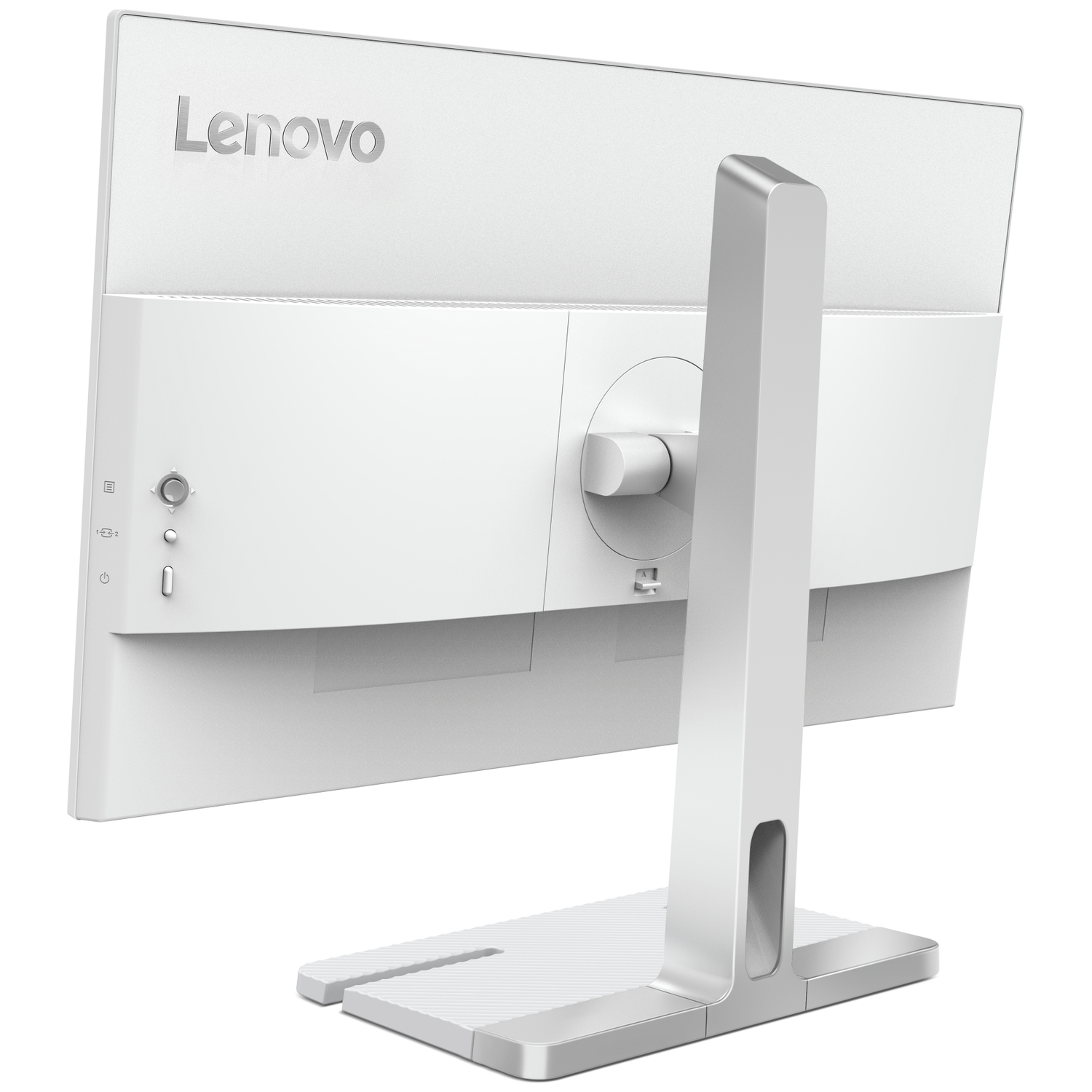 Achterkant van een witte Lenovo monitor met zilveren standaard en bedieningsknoppen.