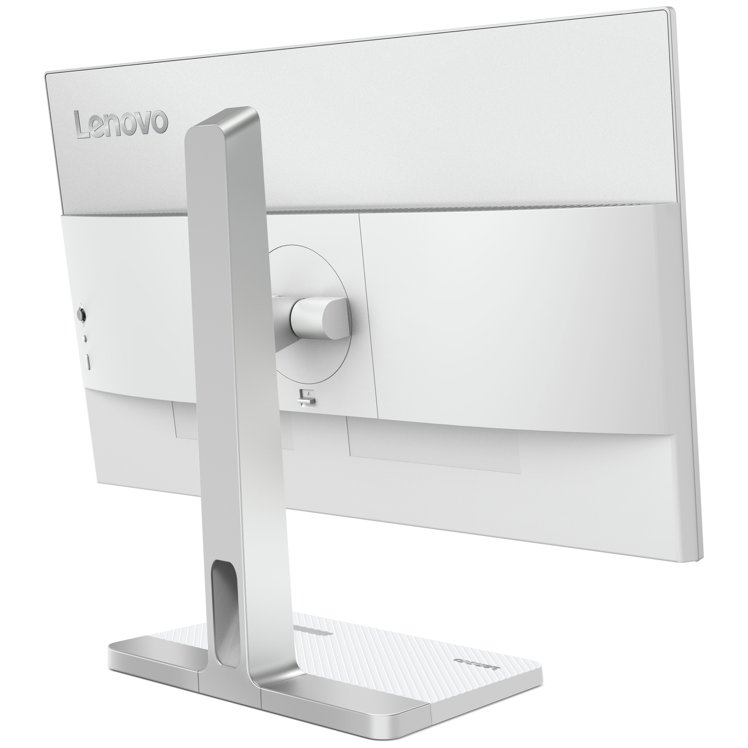 Achterkant van een witte Lenovo monitor met zilveren standaard.