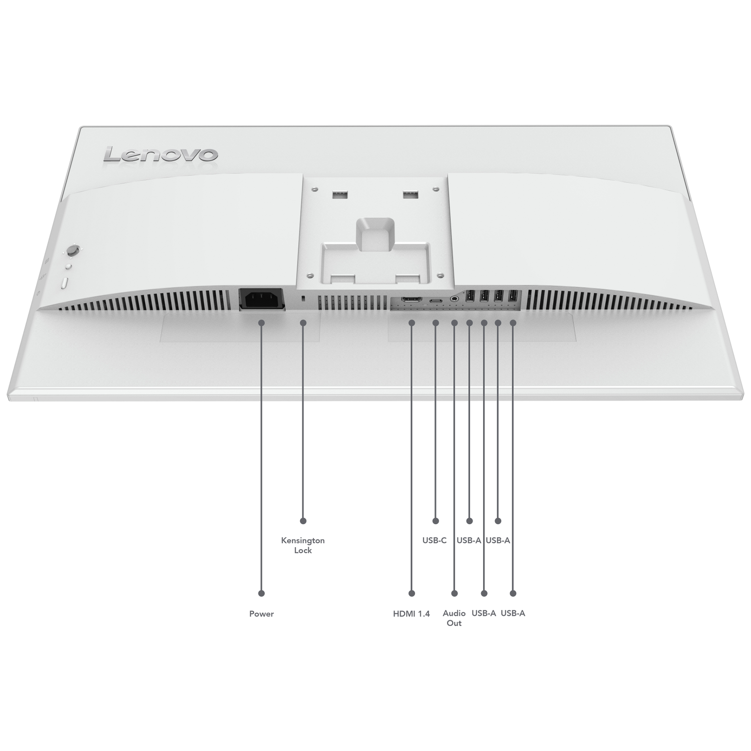 Achterkant van een witte Lenovo monitor met poorten: Stroom, Kensington Lock, HDMI, Audio, USB-A, USB-C.