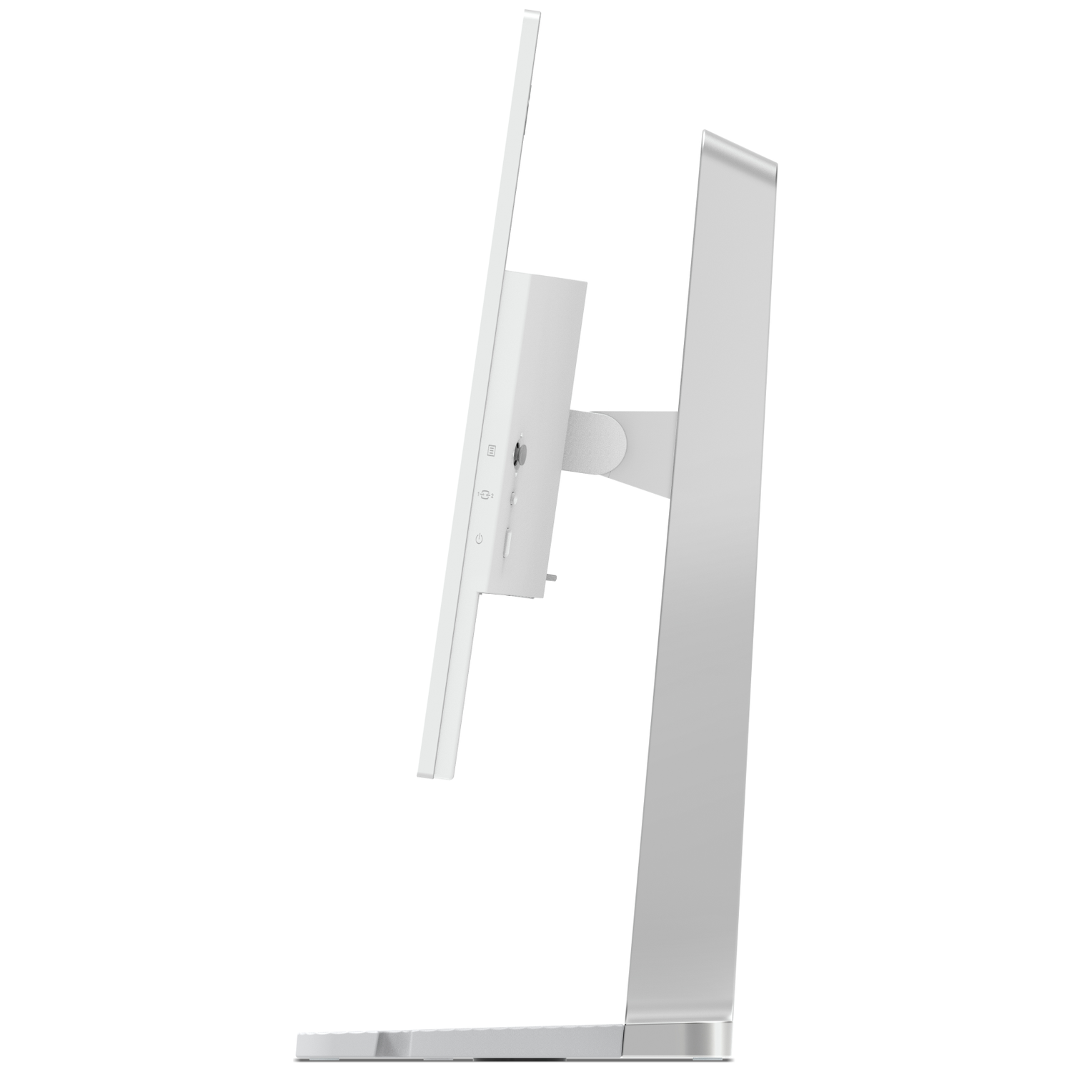 Een zilveren monitor op een witte achtergrond. De zijkant is zichtbaar.