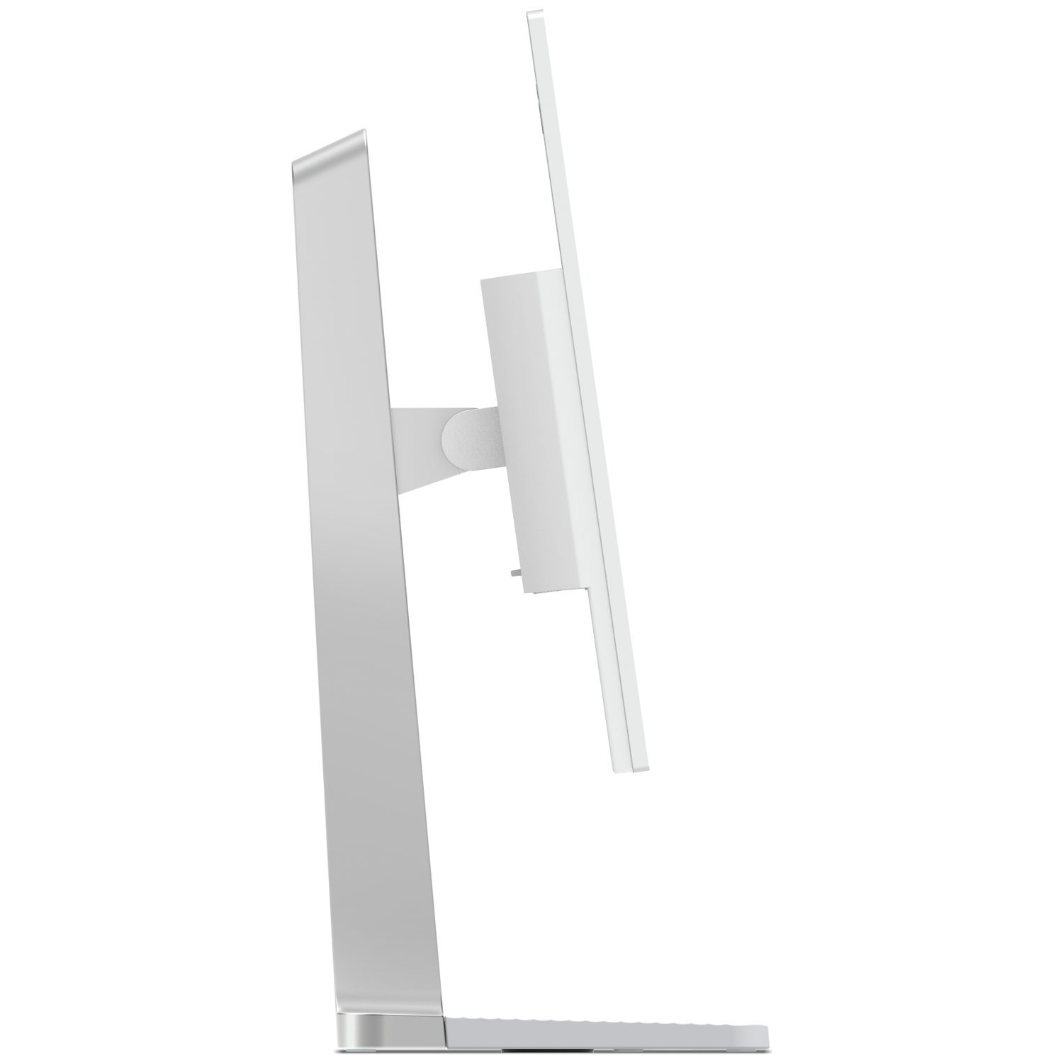 Een zilveren computermonitor met wit scherm en standaard, van de zijkant gezien.