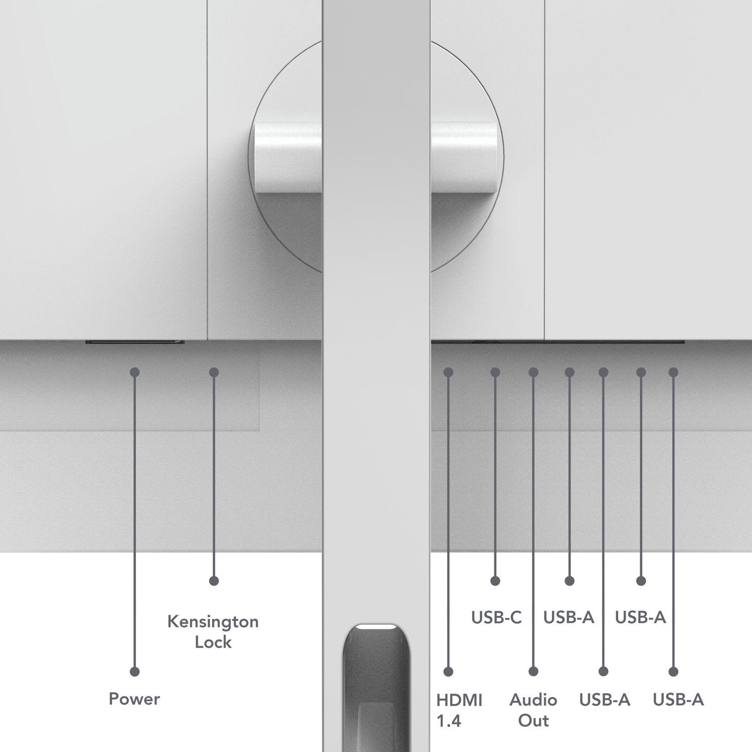 Poorten: Stroom, Kensington Lock, USB-C, 2x USB-A, HDMI 1.4, Audio Uit.