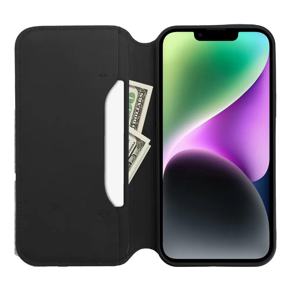 Fekete iPhone pénztárcatartó tok, benne bankjegyek és egy fehér kártya.
