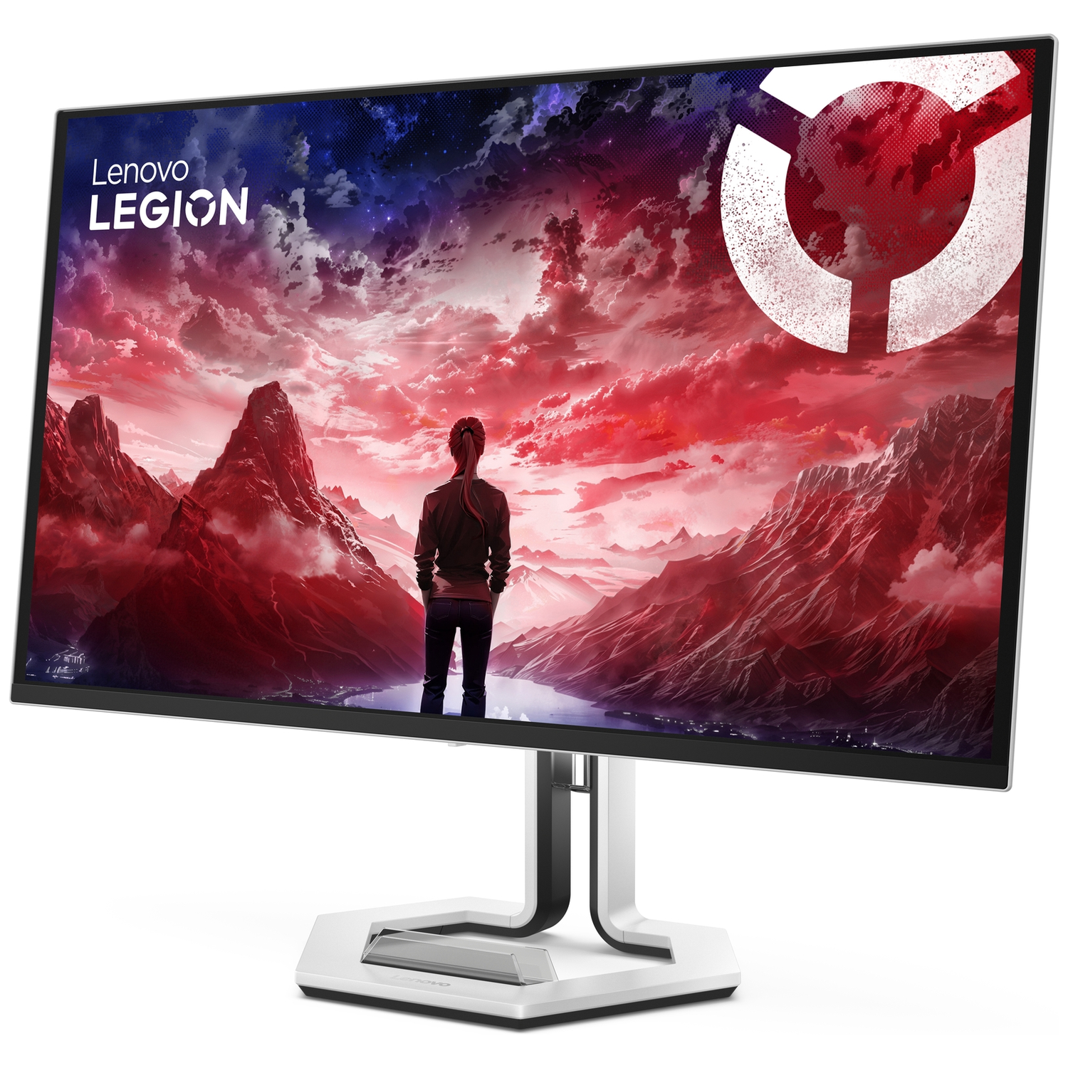 A monitor displays a dystopian landscape with a lone figure gazing at mountains.