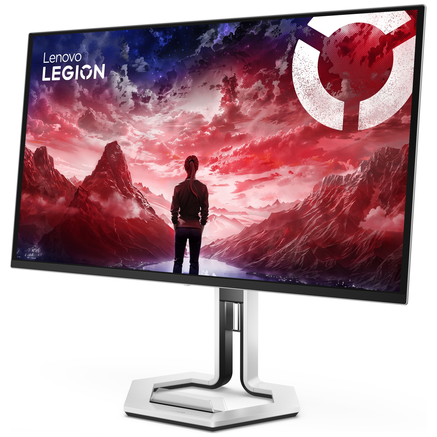 Lenovo Legion monitor displays a person facing a red, cloudy, mountainous landscape.