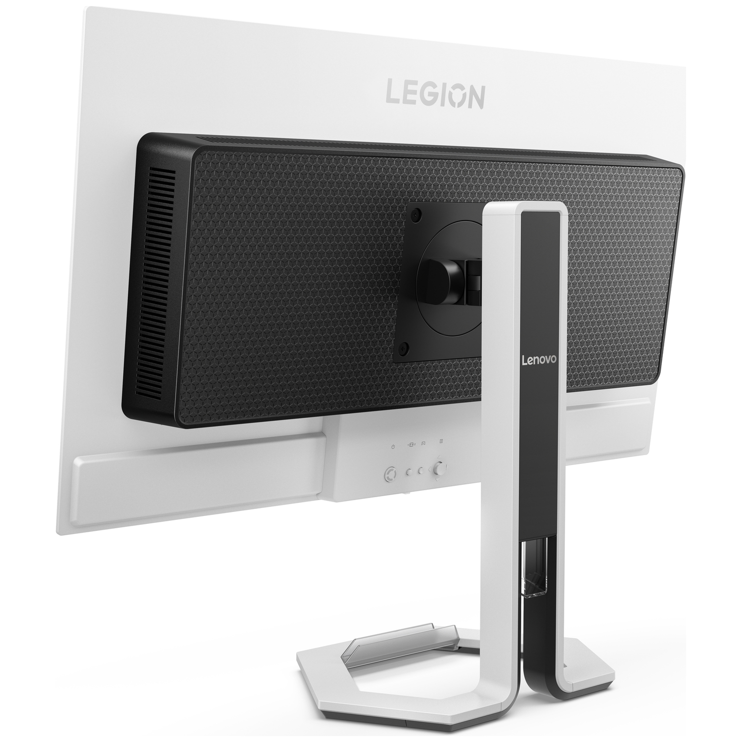Back view of a white Lenovo Legion monitor with black honeycomb pattern and silver stand.