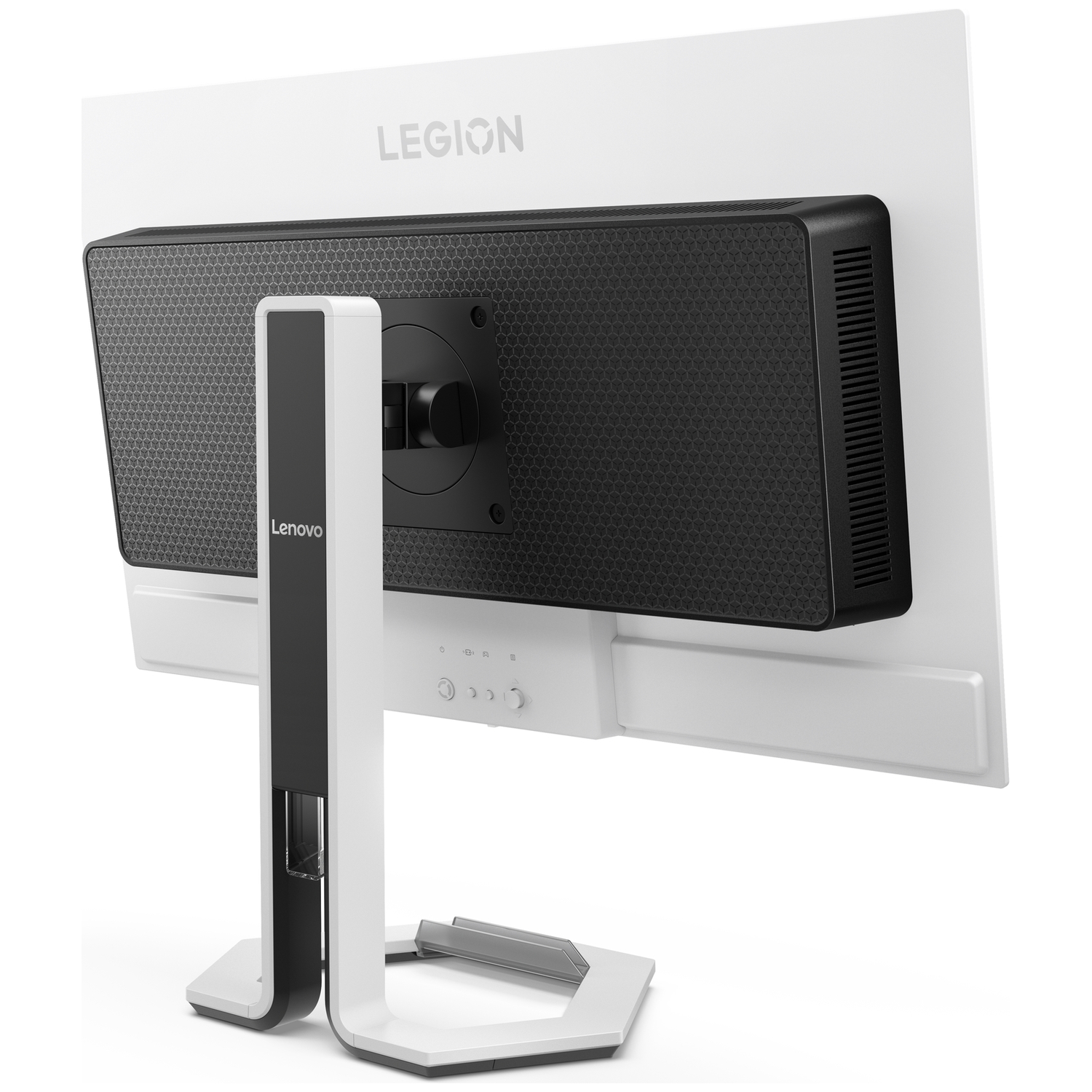 Back view of a white Lenovo Legion monitor with a black grille and silver stand.