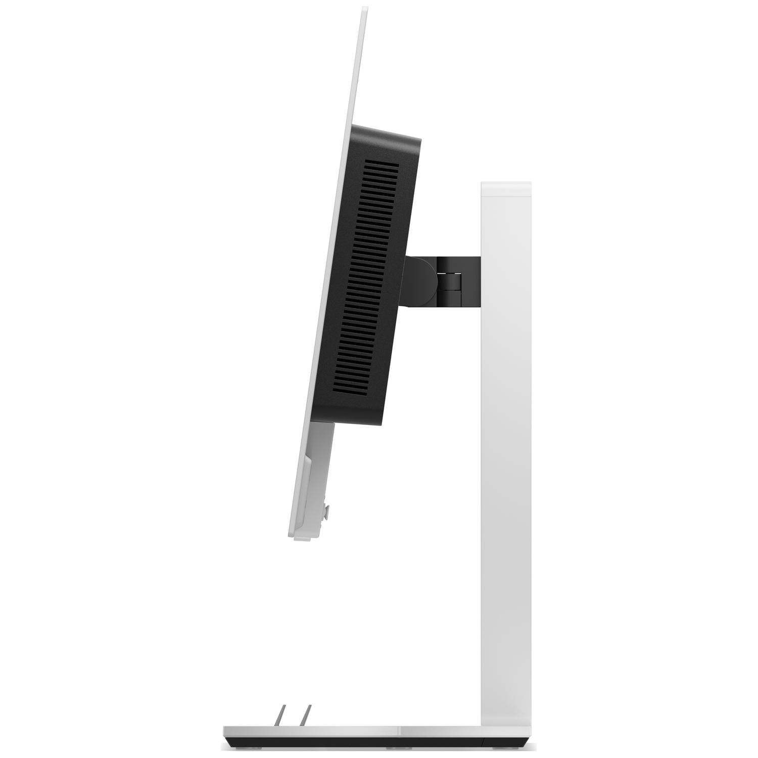 A black monitor with vents, mounted on a white stand, shown in profile.